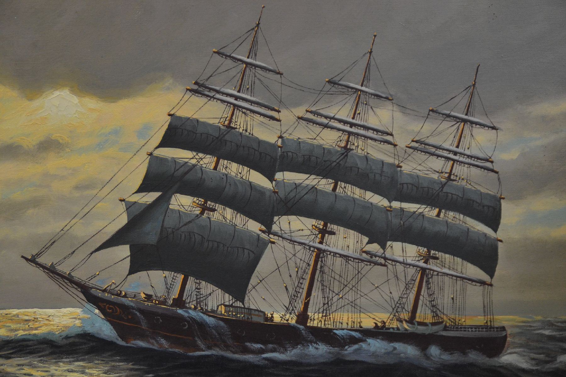 Detail c: Unbekannter Maler, Mitte 20. Jh., Dreimaster in voller Takelage auf ruhiger See, Öl/Lwd, links unten signiert Meroll o.ä., ca. 60x80cm, R. ca. ...