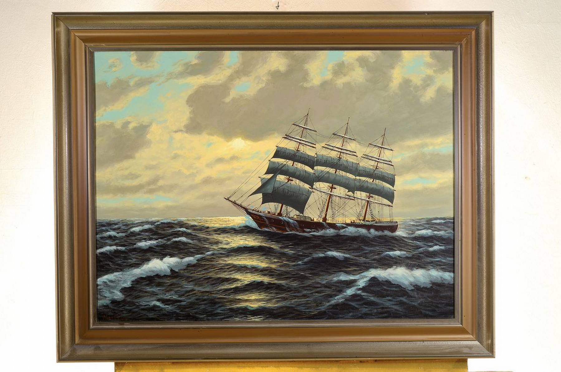 Detail k: Unbekannter Maler, Mitte 20. Jh., Dreimaster in voller Takelage auf ruhiger See, Öl/Lwd, links unten signiert Meroll o.ä., ca. 60x80cm, R. ca. ...