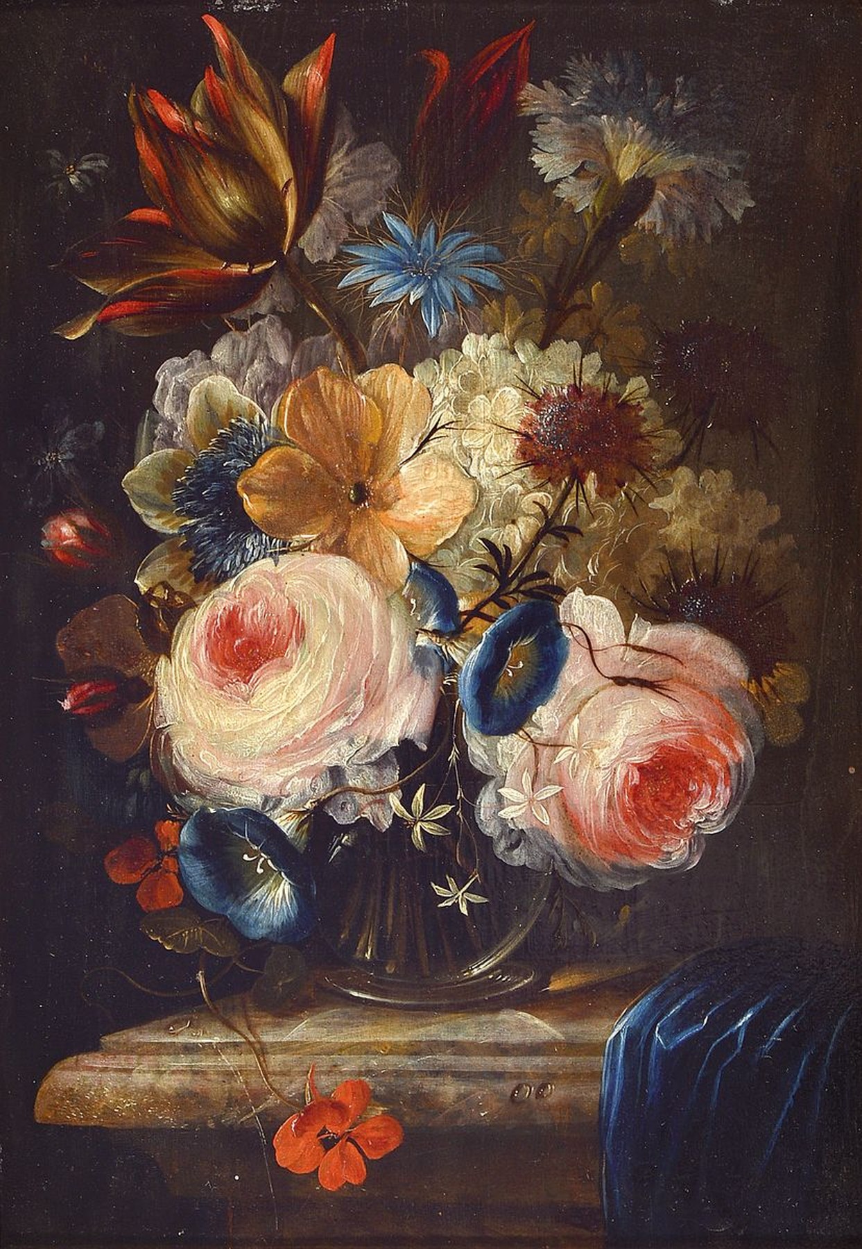 Unbekannter Künstler des 19. Jh., Üppiges Blumenstillleben im Stil der alten flämischen Meister, feine lasierende Malerei, Öl/Holz, ca. 29x20cm, ...