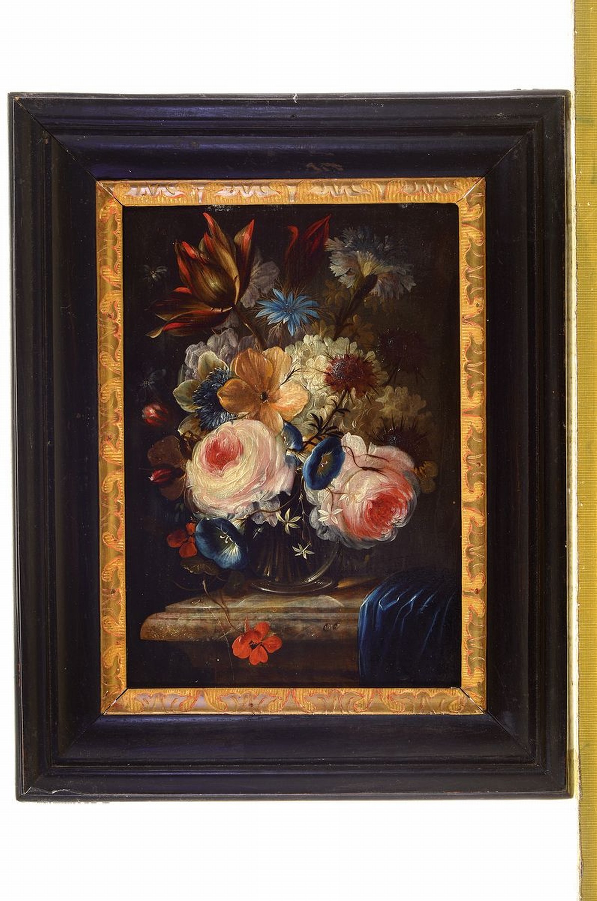 Detail k: Unbekannter Künstler des 19. Jh., Üppiges Blumenstillleben im Stil der alten flämischen Meister, feine lasierende Malerei, Öl/Holz, ca. 29x20cm, ...