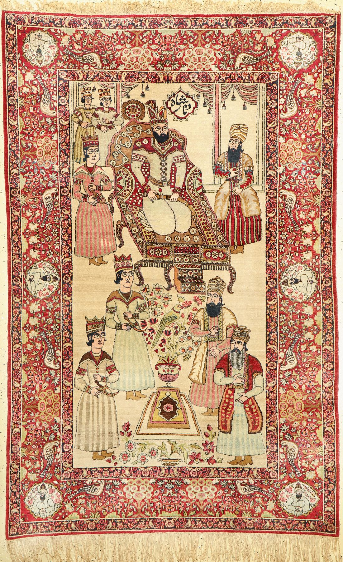 Kerman antik Bildteppich, Persien, um 1900, Wolle geknüpft auf Baumwolle, Feiner Bildteppich mit Datstellung des persischen Königs NADER ...
