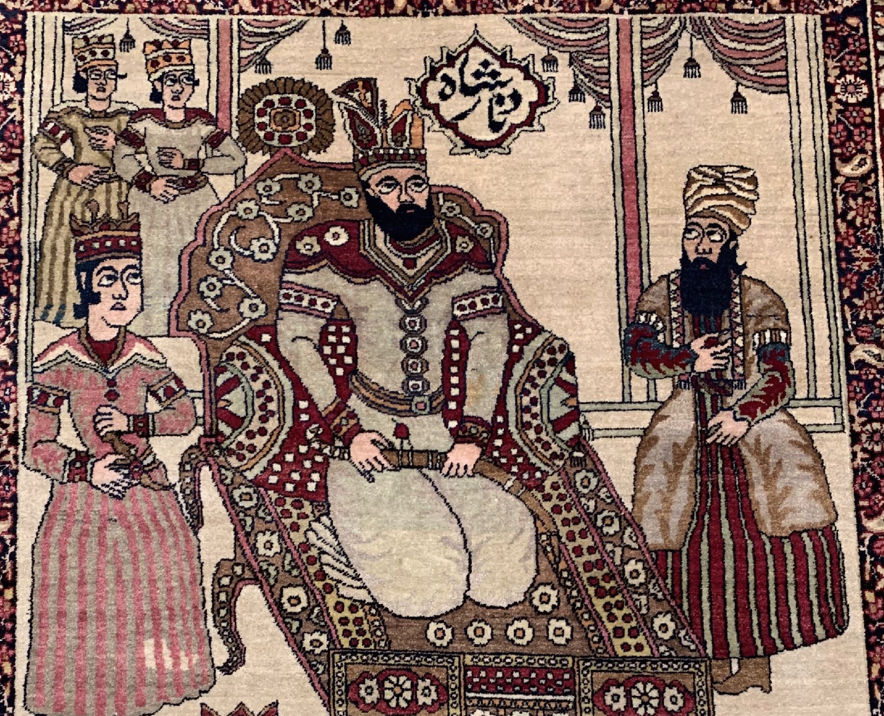 Detail a: Kerman antik Bildteppich, Persien, um 1900, Wolle geknüpft auf Baumwolle, Feiner Bildteppich mit Datstellung des persischen Königs NADER ...