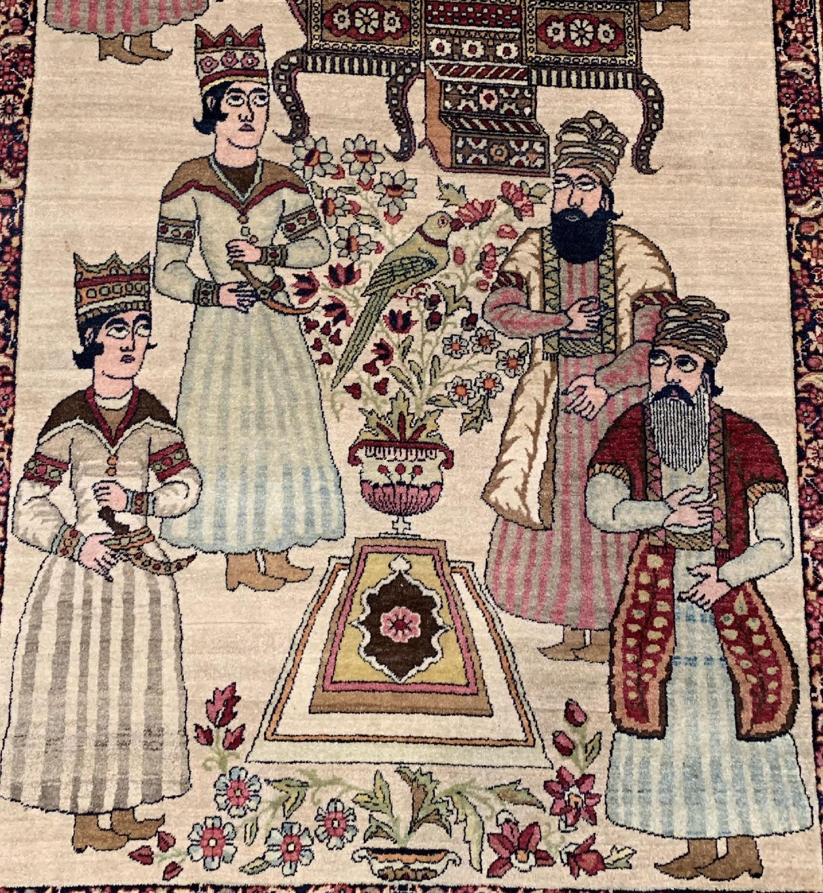 Detail c: Kerman antik Bildteppich, Persien, um 1900, Wolle geknüpft auf Baumwolle, Feiner Bildteppich mit Datstellung des persischen Königs NADER ...