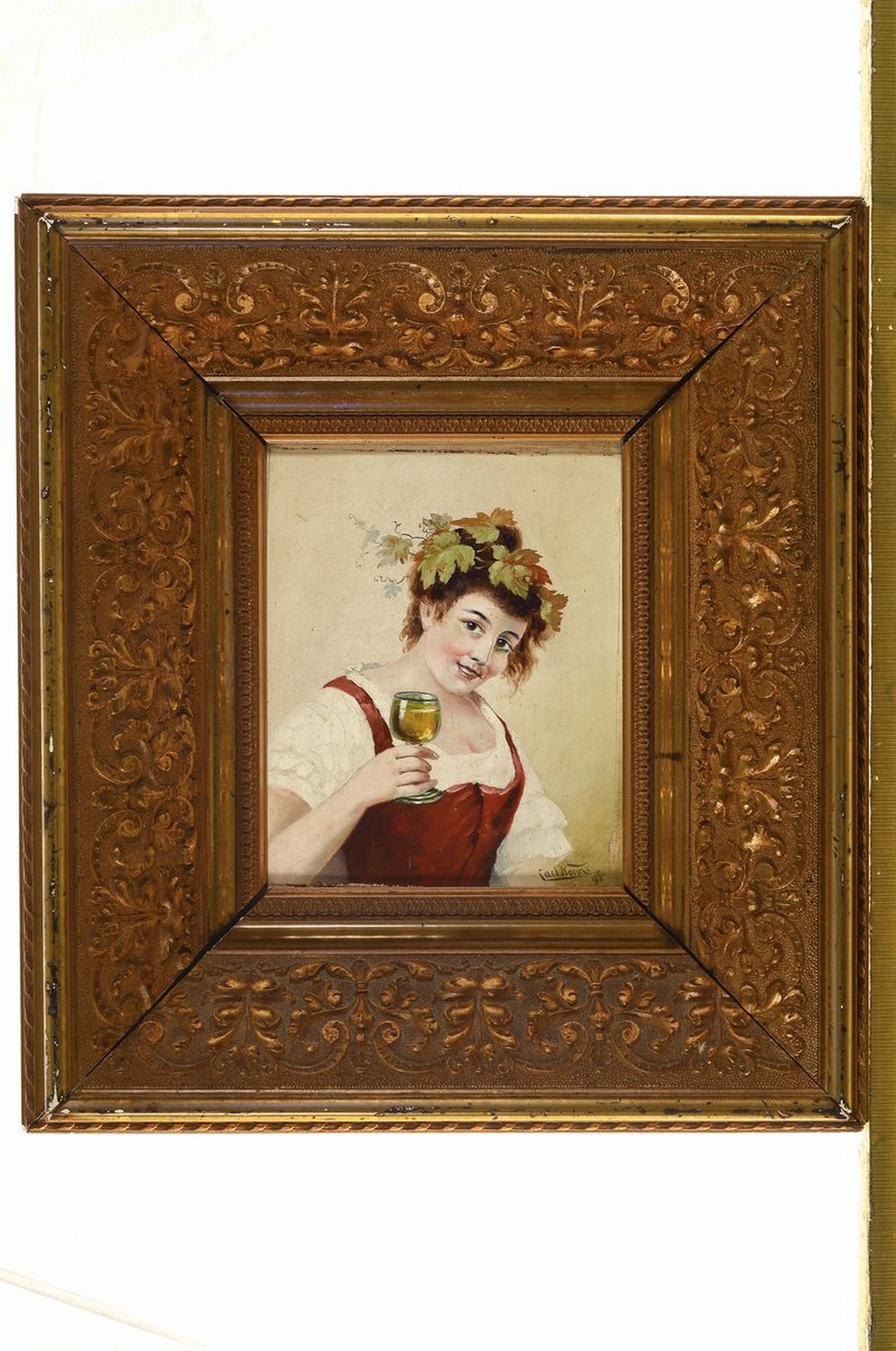 Detail k: Carl Nonn, 1876 Bonn-1949, Porträt einer Bacchantin mit Weinglas, Öl/Malkarton, rechts unten signiert, ca. 16x14cm, R. ca. 35x31cm