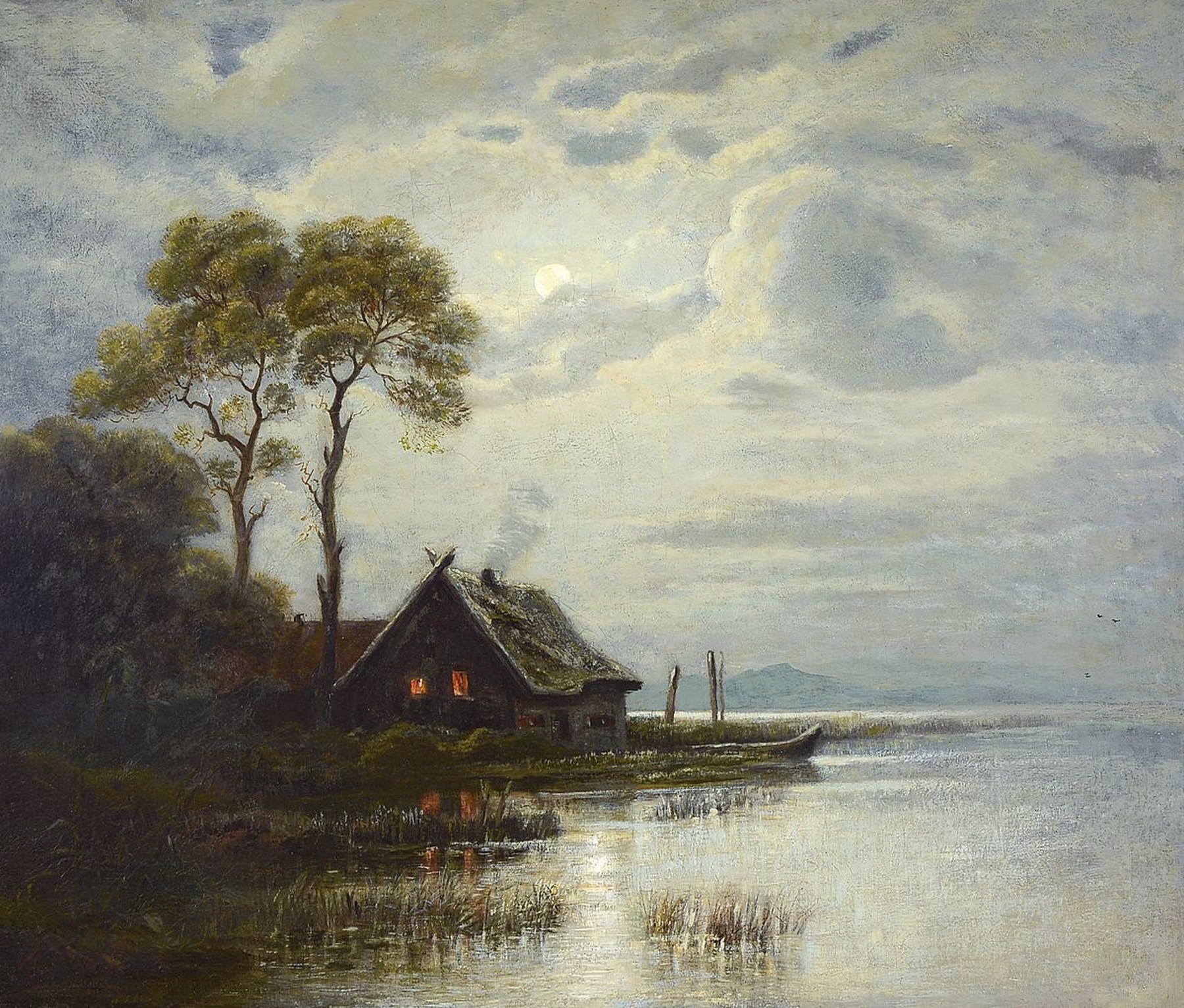 Forest, datiert (18)93, Vollmond über einem Bauernhaus an der Küste, qualitätvolle Malerei, Öl/Lwd, doubliert, links unten signiert und dat., ca. ...