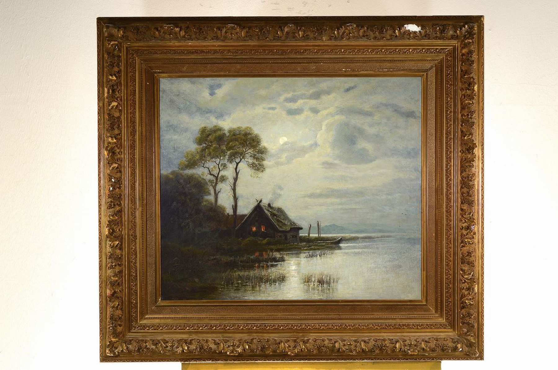 Detail k: Forest, datiert (18)93, Vollmond über einem Bauernhaus an der Küste, qualitätvolle Malerei, Öl/Lwd, doubliert, links unten signiert und dat., ca. ...