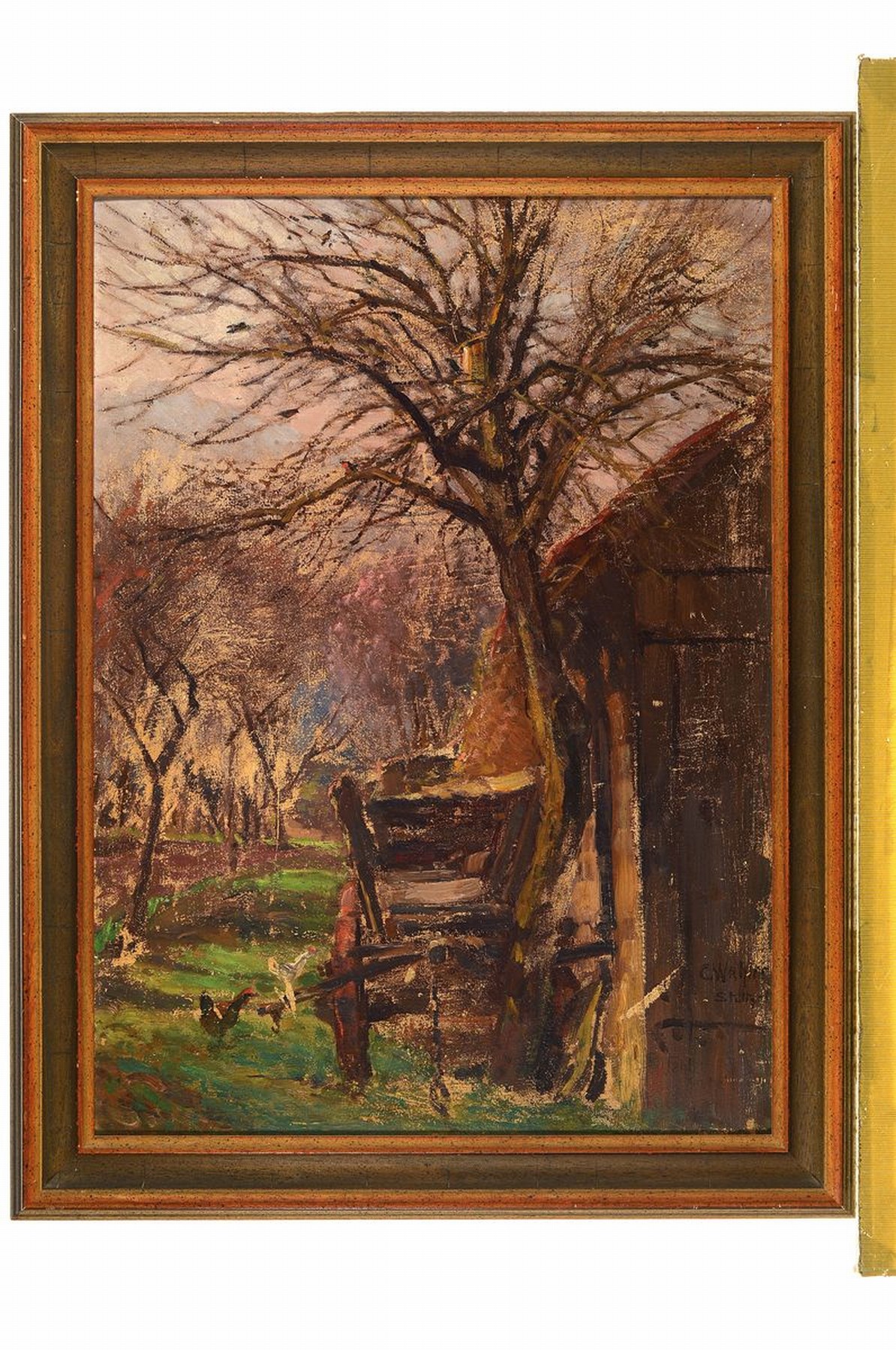 Detail k: Carl Wahler, 1863 Esslingen-1931 Stuttgart, Karren vor dem Schuppen, Öl/Malkarton, seitlich rechts signiert, ca. 62x45cm, R. ca. 72x54cm