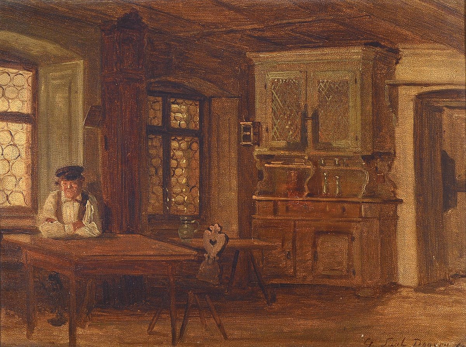 Georg Eduard Otto Saal, 1818 Koblenz-1870 Baden-Baden, Schüler von J.W. Schirmer, lange Jahre in Paris tätig, hier: Interieur, Bauer in der Stube, ...