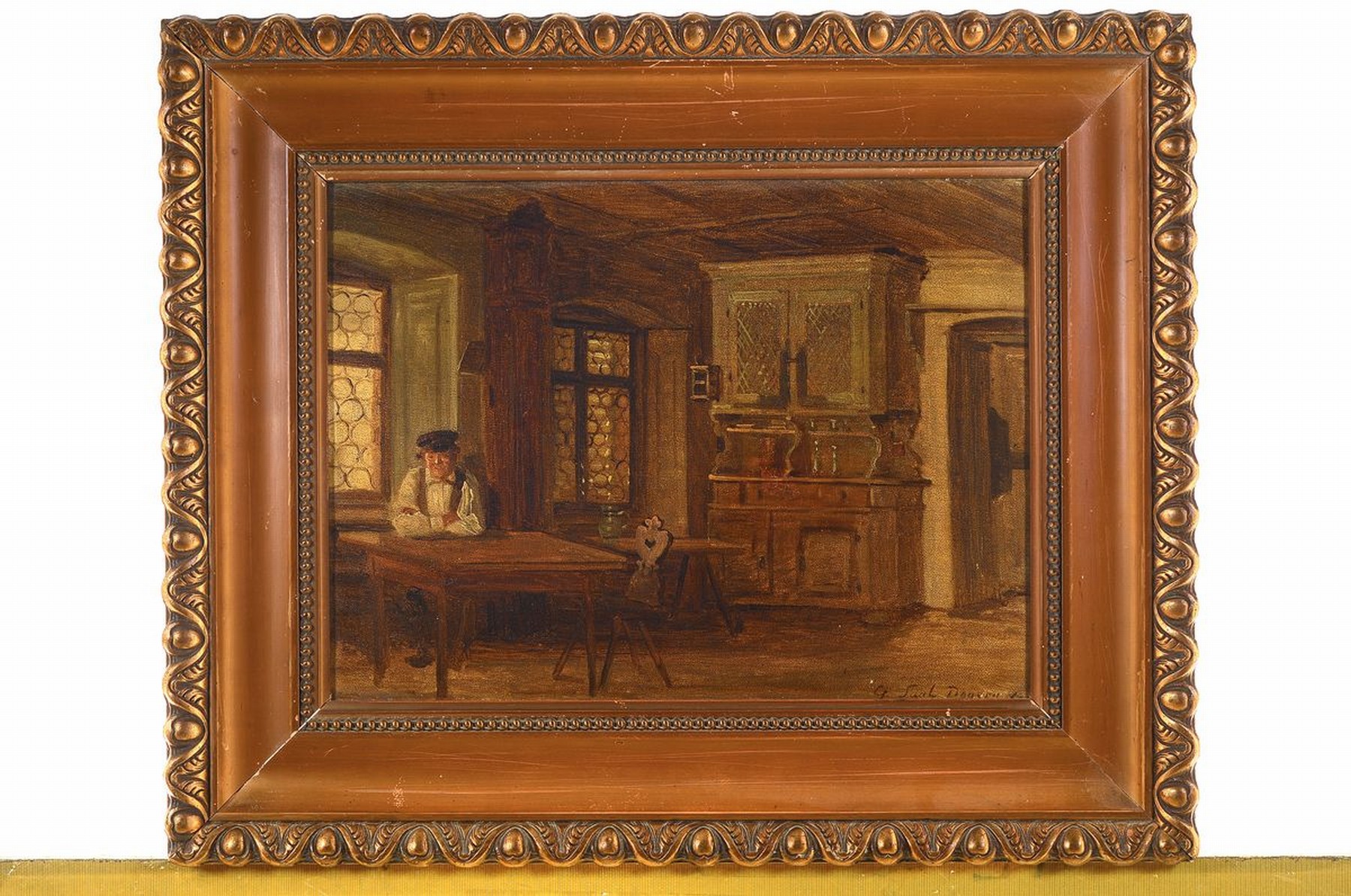Detail k: Georg Eduard Otto Saal, 1818 Koblenz-1870 Baden-Baden, Schüler von J.W. Schirmer, lange Jahre in Paris tätig, hier: Interieur, Bauer in der Stube, ...