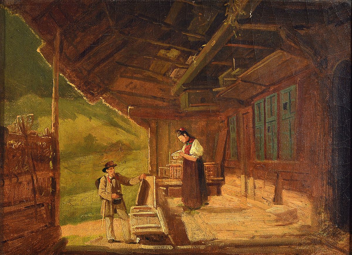 Georg Eduard Otto Saal, 1818 Koblenz-1870 Baden-Baden, Schüler von J.W. Schirmer, lange Jahre in Paris tätig, hier: Vor dem Bauernhaus, Händler ...