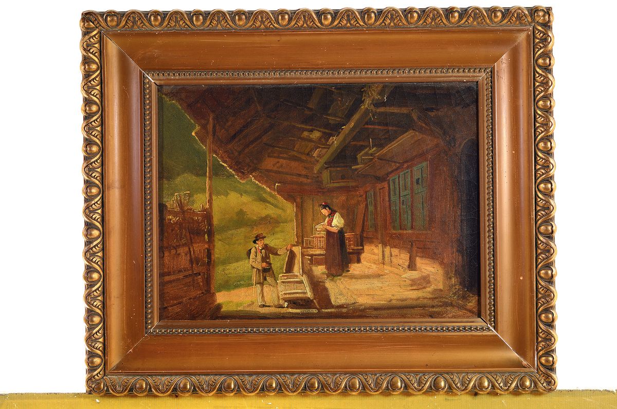 Detail k: Georg Eduard Otto Saal, 1818 Koblenz-1870 Baden-Baden, Schüler von J.W. Schirmer, lange Jahre in Paris tätig, hier: Vor dem Bauernhaus, Händler ...