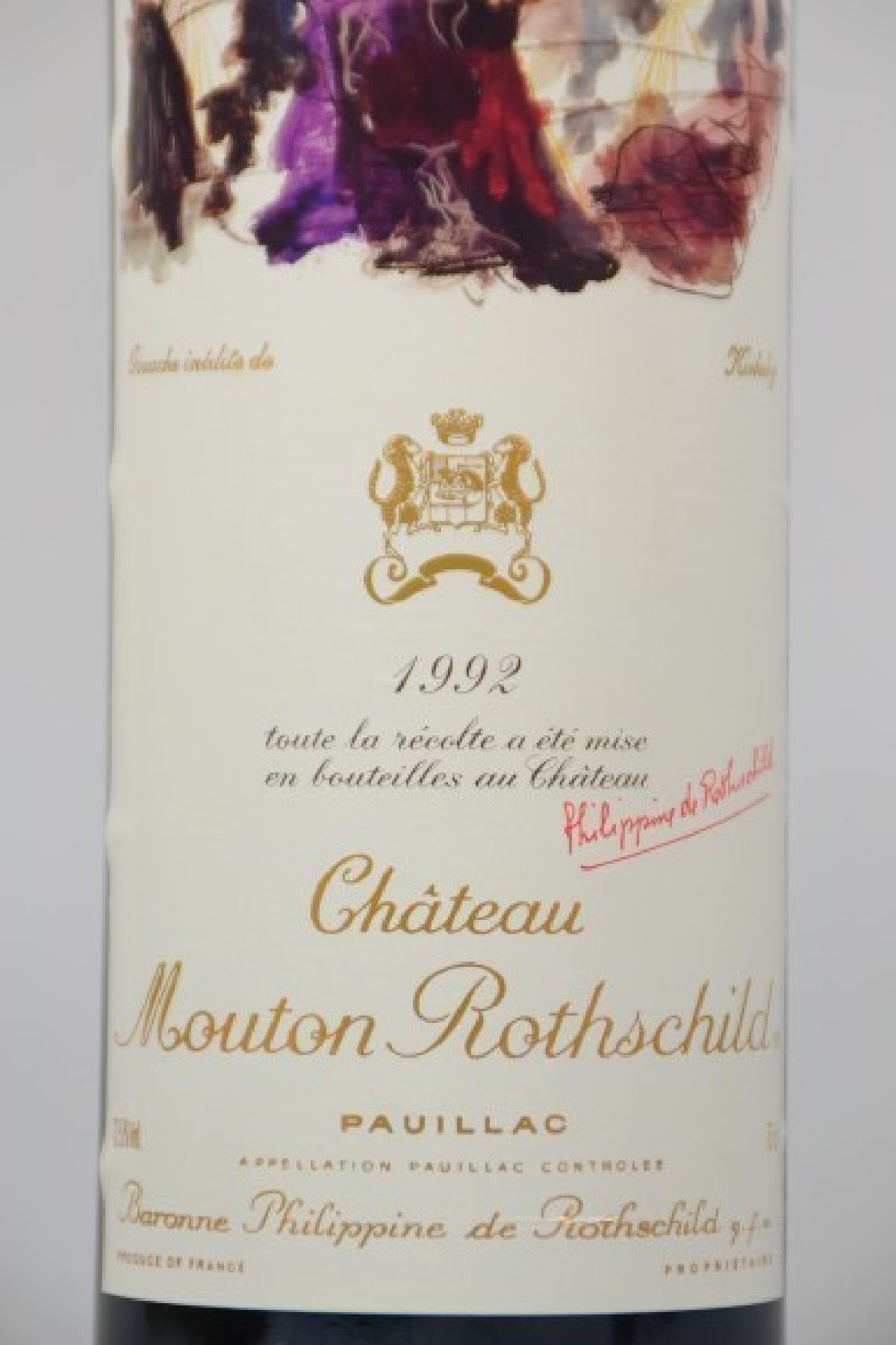 Detail b: 1 Flasche Chateau Mouton Rothschild 1992, Pauillac, Premier Grand Cru Classe, ca. 75cl, 12.5% vol., Füllstand into neck, unverkostet, ...