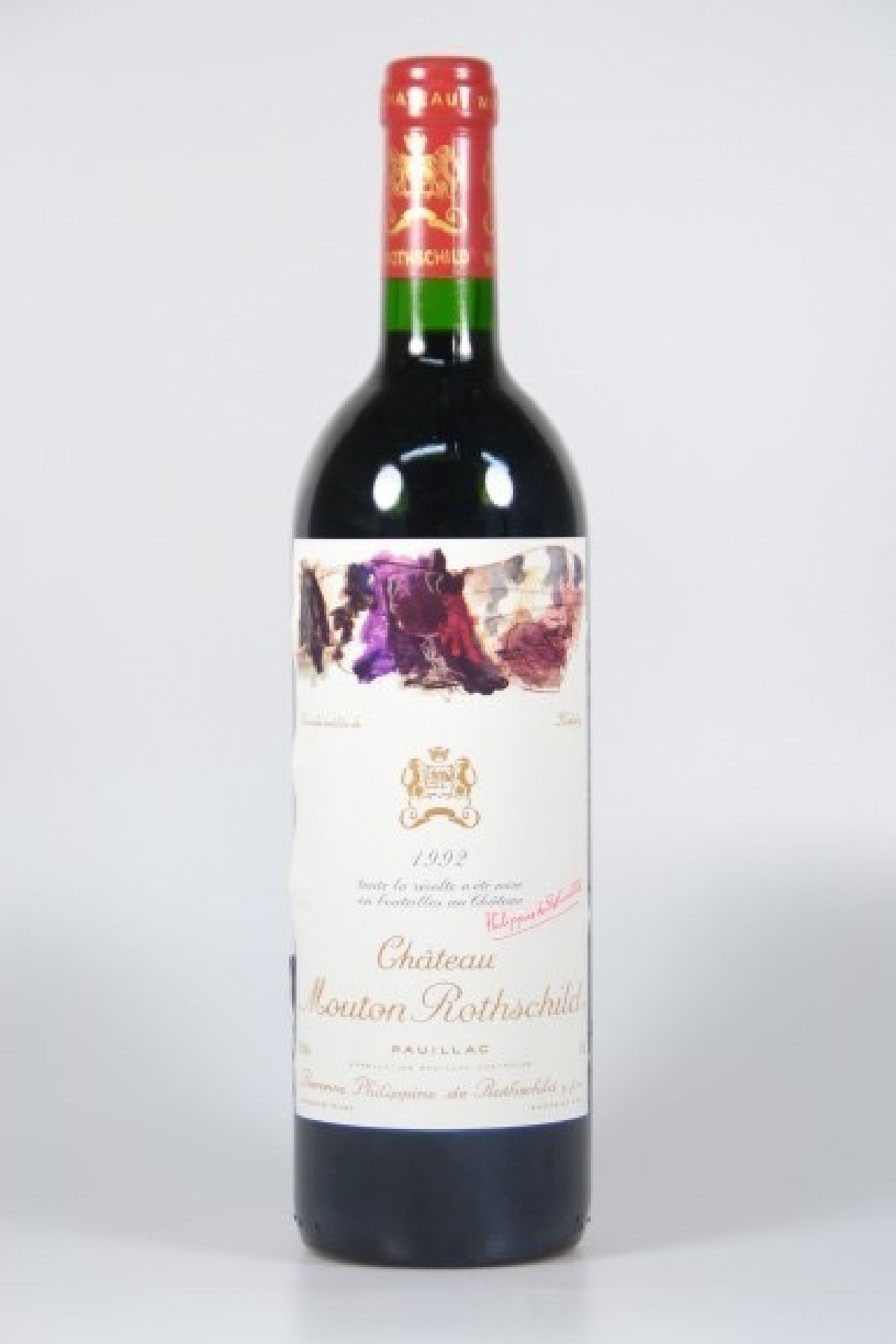 1 Flasche Chateau Mouton Rothschild 1992, Pauillac, Premier Grand Cru Classe, ca. 75cl, 12.5% vol., Füllstand into neck, unverkostet, ...