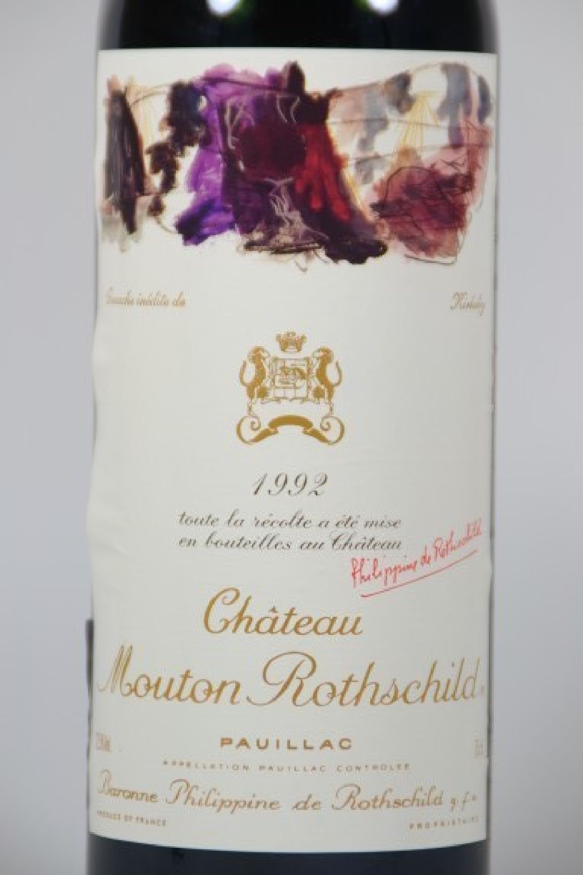 Detail b: 1 Flasche Chateau Mouton Rothschild 1992, Pauillac, Premier Grand Cru Classe, ca. 75cl, 12.5% vol., Füllstand into neck, unverkostet, ...