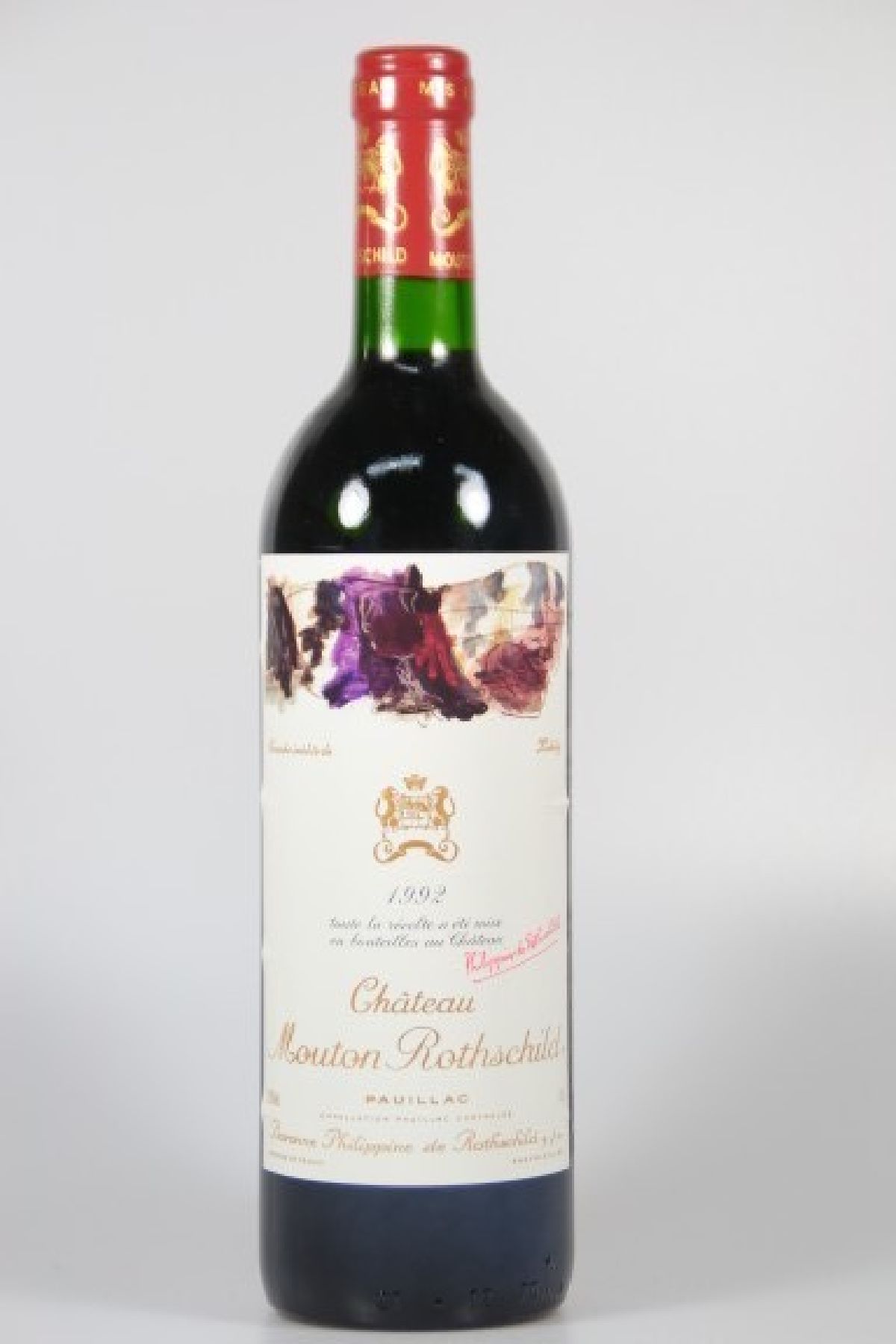 1 Flasche Chateau Mouton Rothschild 1992, Pauillac, Premier Grand Cru Classe, ca. 75cl, 12.5% vol., Füllstand into neck, unverkostet, ...