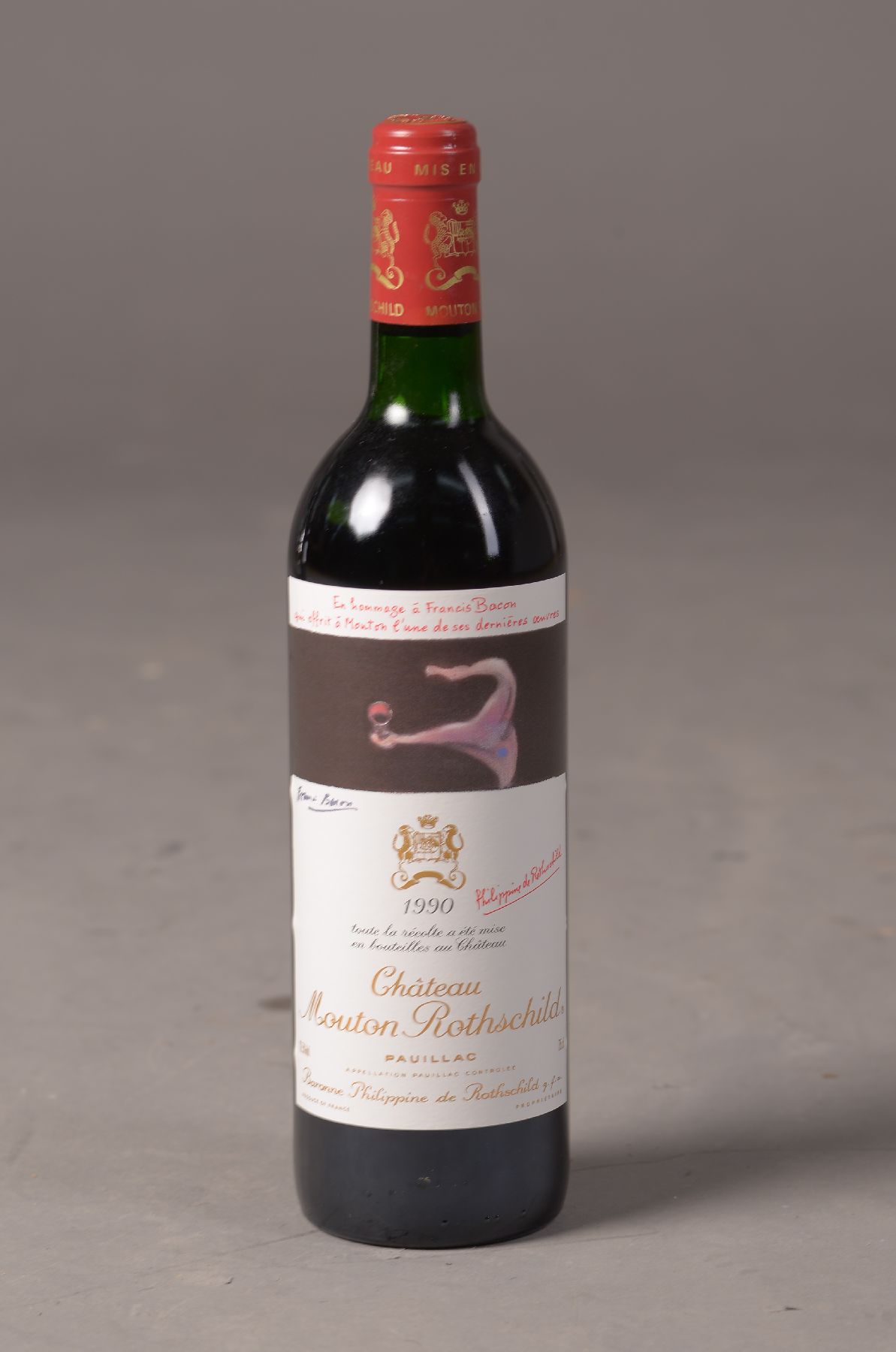 1 Flasche Chateau Mouton Rothschild 1990, Pauillac, 75cl, 12.5% vol., Füllstand into neck, Künstleretikett von Francis Bacon