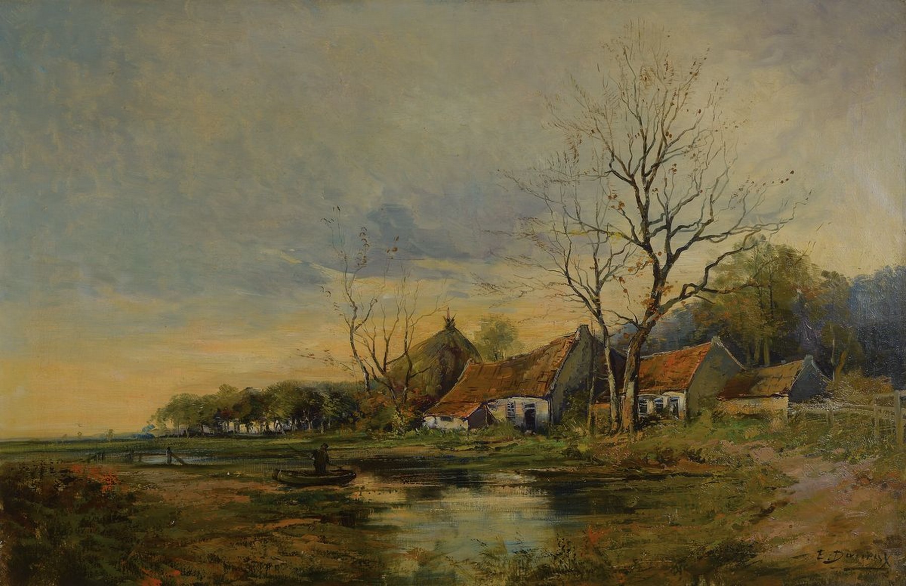 Emile Durieux, Maler der 2. Hälfte des 19. Jh., Herbstliche Landschaft mit Bauernhaus, Öl/Lwd, rechts unten signiert, ca. 65x100cm, goldfarbener ...