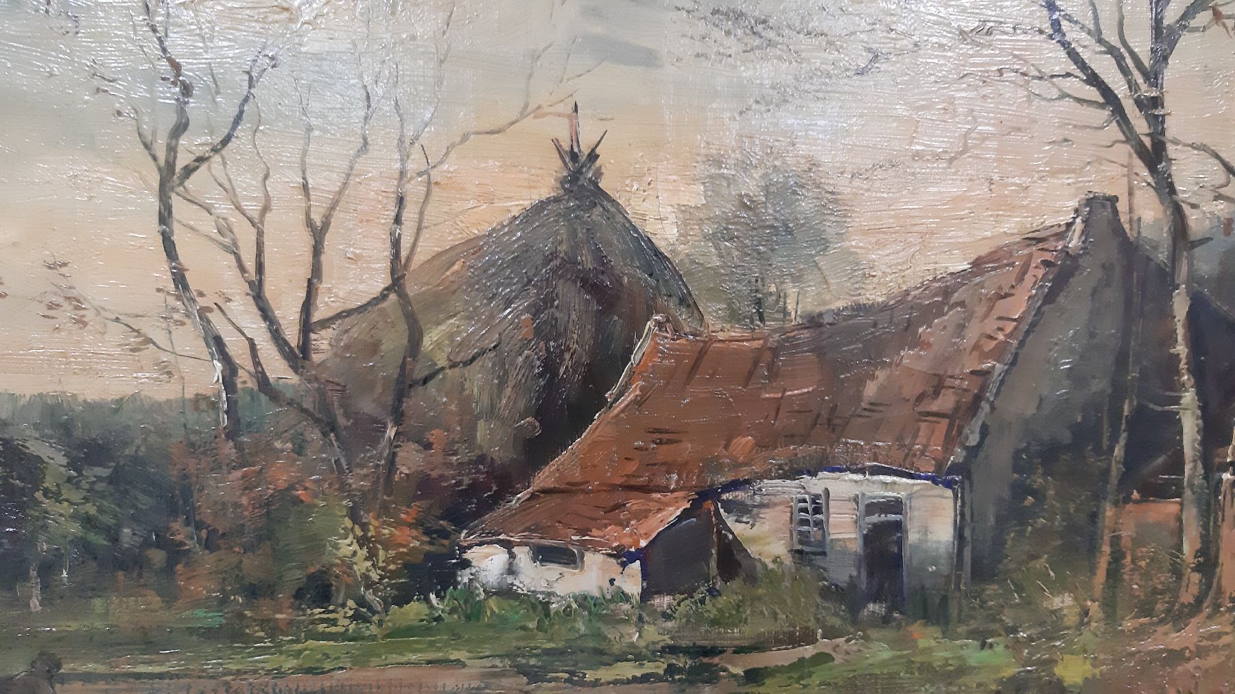 Detail e: Emile Durieux, Maler der 2. Hälfte des 19. Jh., Herbstliche Landschaft mit Bauernhaus, Öl/Lwd, rechts unten signiert, ca. 65x100cm, goldfarbener ...