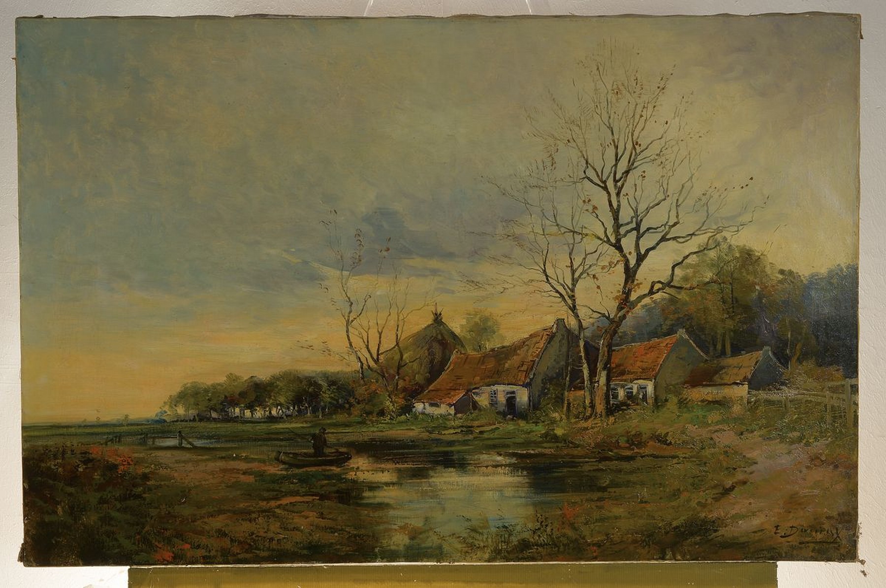 Detail k: Emile Durieux, Maler der 2. Hälfte des 19. Jh., Herbstliche Landschaft mit Bauernhaus, Öl/Lwd, rechts unten signiert, ca. 65x100cm, goldfarbener ...