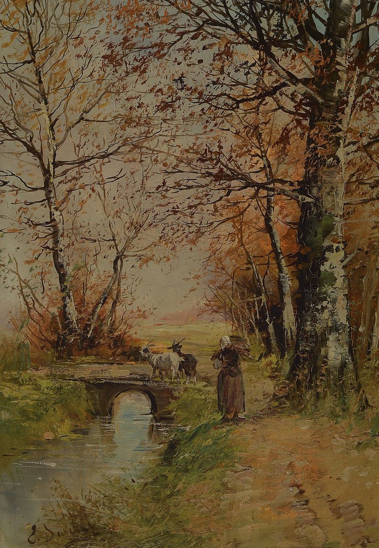 Emile Durieux, Maler der 2. Hälfte des 19. Jh., Herbstlicher Waldrand mit Bäuerin und Ziegen, Öl/Lwd, links unten signiert, ca. 50x 35cm