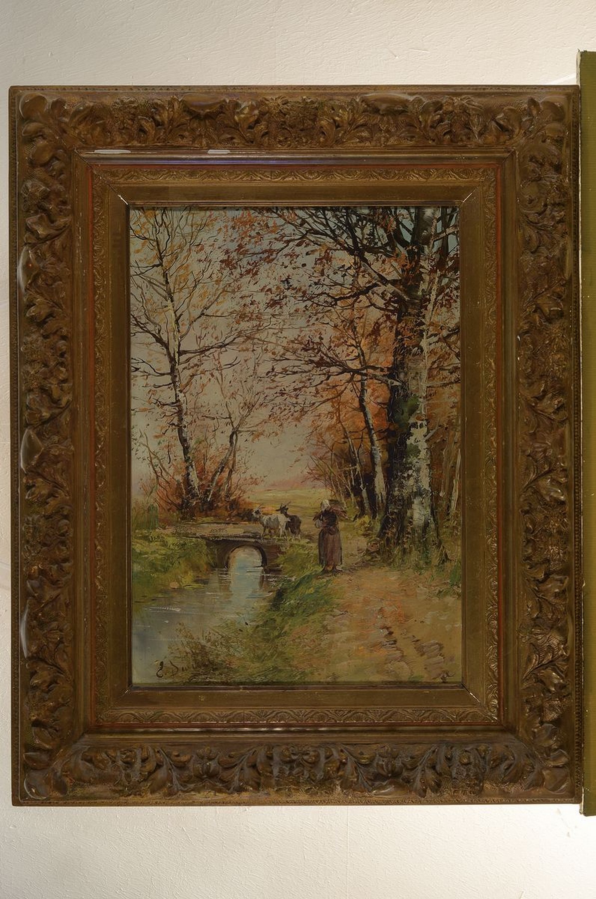 Detail k: Emile Durieux, Maler der 2. Hälfte des 19. Jh., Herbstlicher Waldrand mit Bäuerin und Ziegen, Öl/Lwd, links unten signiert, ca. 50x 35cm