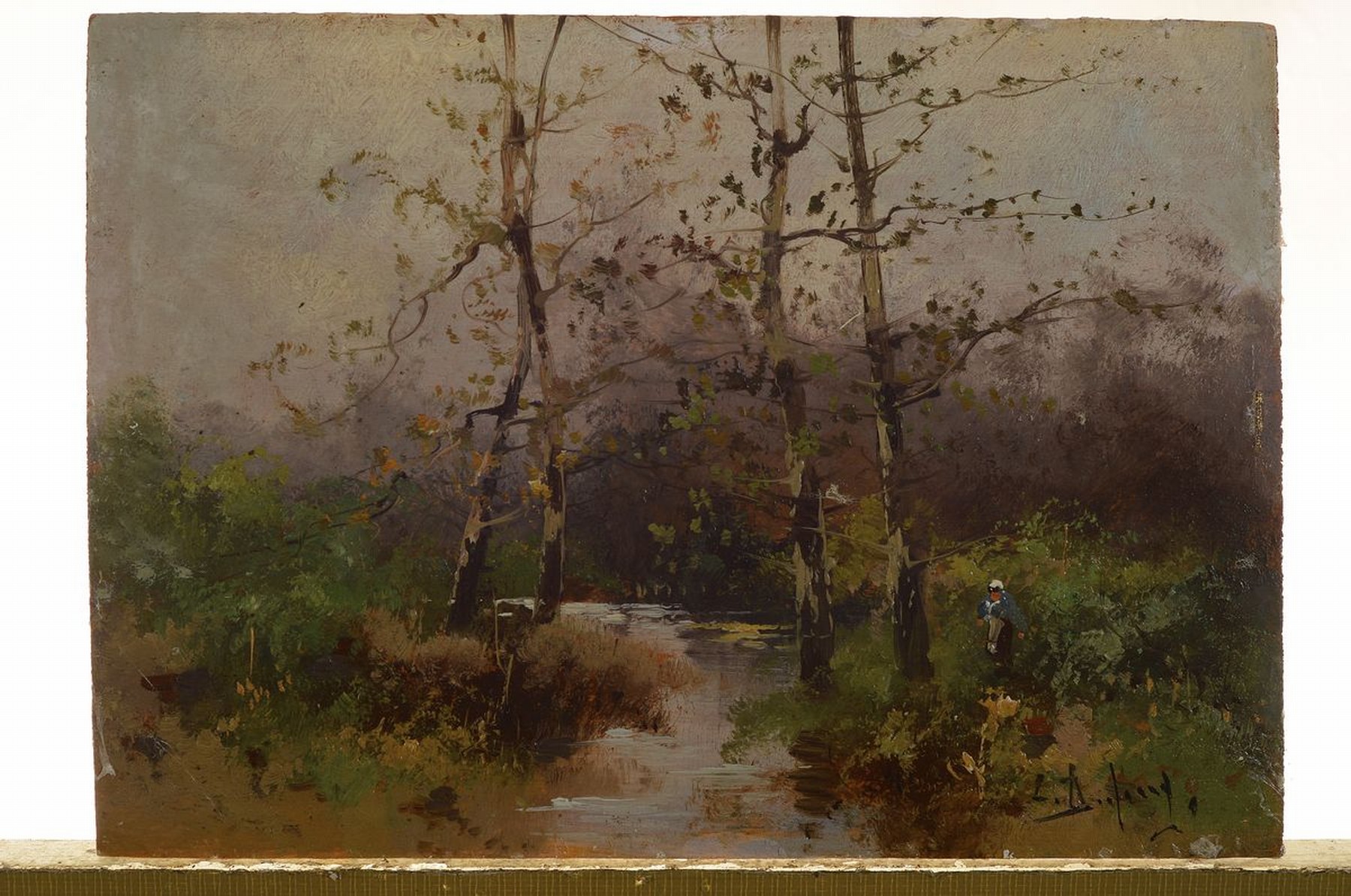 Detail k: Emile Durieux, Maler der 2. Hälfte des 19. Jh., Herbstliche Landschaft mit Bachlauf, Bäumen und Frau, Öl/Holz, rechts unten signiert, ca. 15.5x22cm