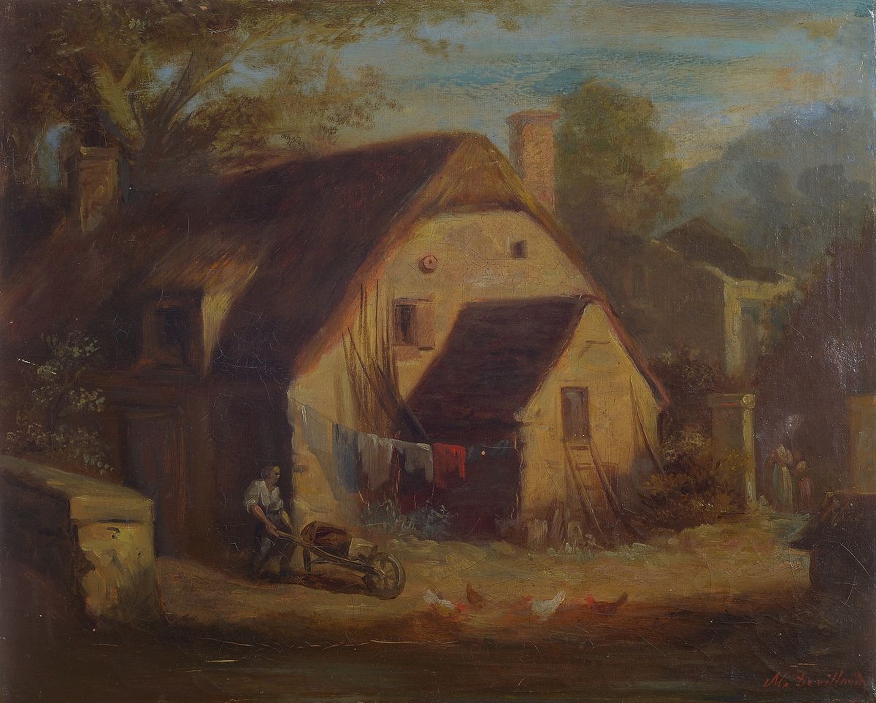 M. Devilland, Maler der 1. Hälfte des 19. Jh., Blick auf ein Bauernhaus mit bunt bestückter Wäscheleine, im Vordergrund ein Mann mit Schubkarre, ...