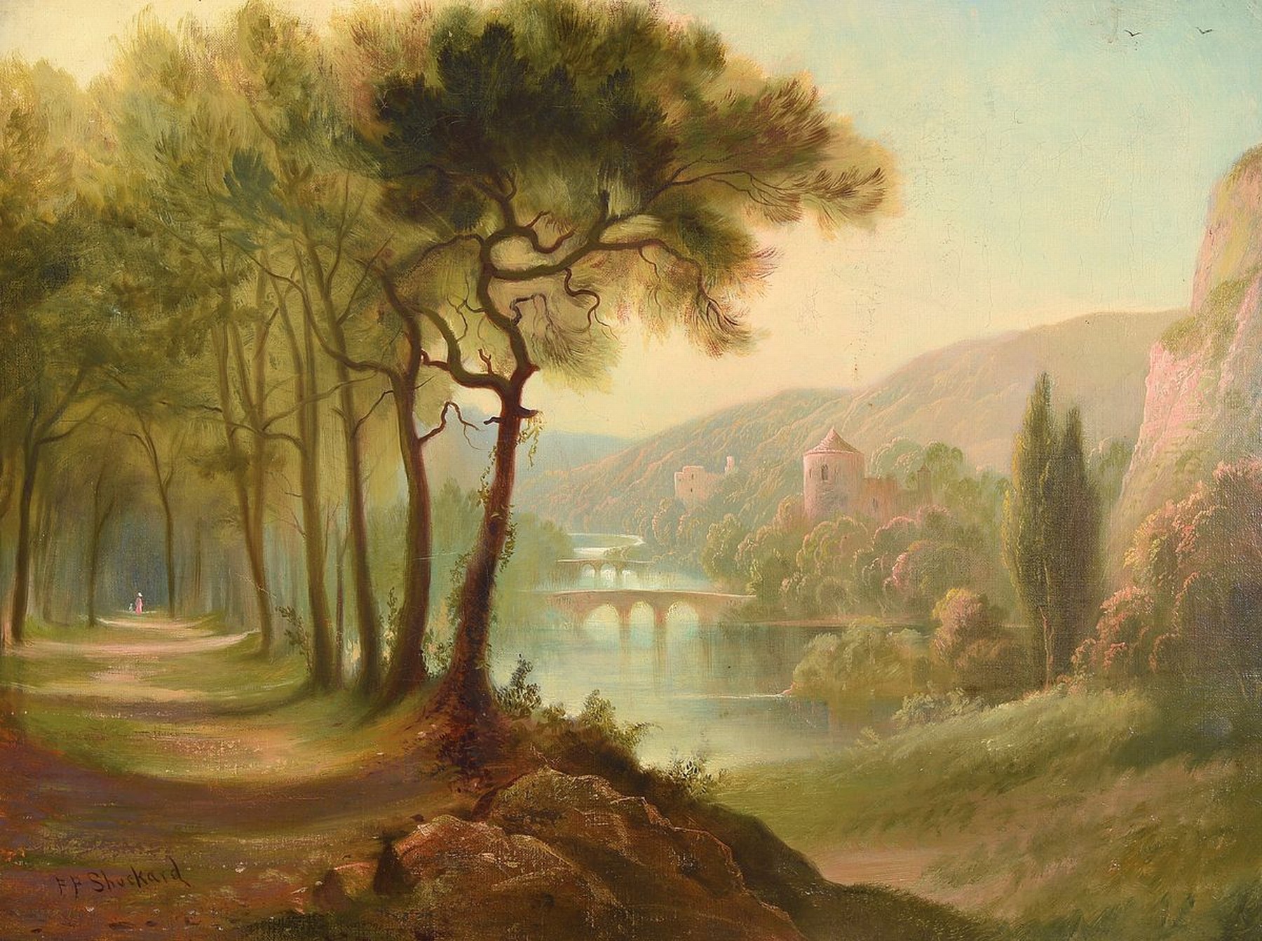 Frederick P. Shuckard, erwähnt um 1866 - 1901, spätromantische Flußlandschaft, Öl/Lwd, li. unten signiert F.P. Shuckard, 46 x 61 cm, Rahmen ca. ...