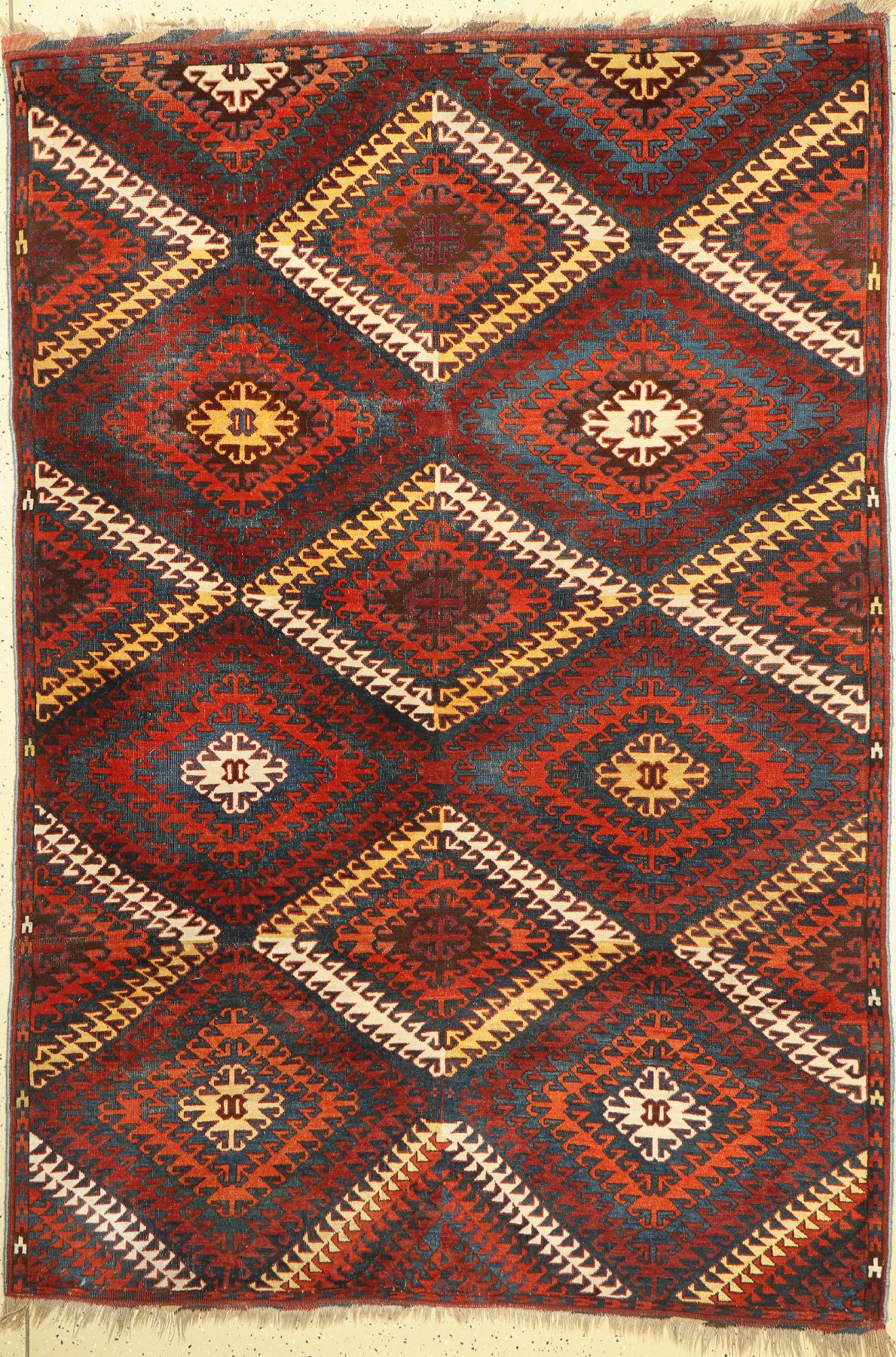 Seltener Antiker Karakalpak, Zentralasien, 19 Jhd., Wolle geknüpft auf Wolle, ca, 225 x 156 cm, EHZ: 3(Altersbedingt guter Zustand).