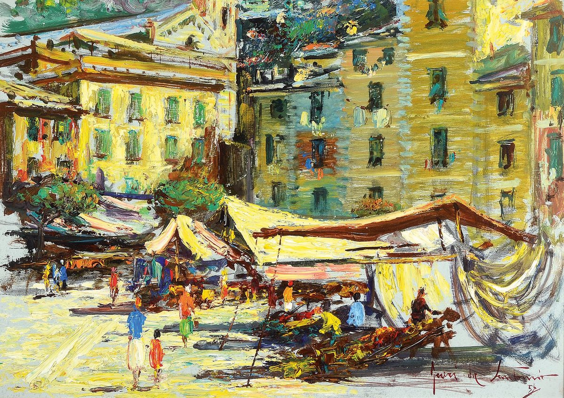 Gueri da Santomio, 1915-1991, Giorno di mercato, Markttag, rückseitig so betitelt, Öl/Hartfaser, rechts unten signiert, ca. 50x70cm, u.Gl., R. ca. ...