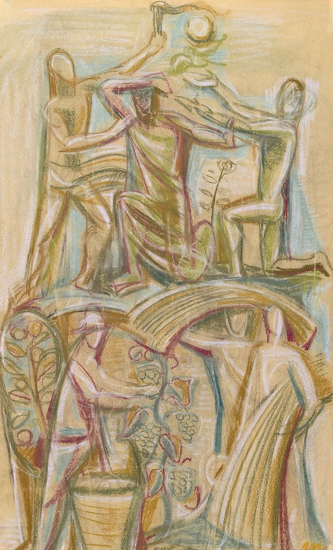 Rolf Müller-Landau, 1903 Kia Ying Chow, China/1956 Bad Bergzabern, Pastell auf Papier, Ernteszene wohl 1948/49. figürliche Darstellungen mit ...