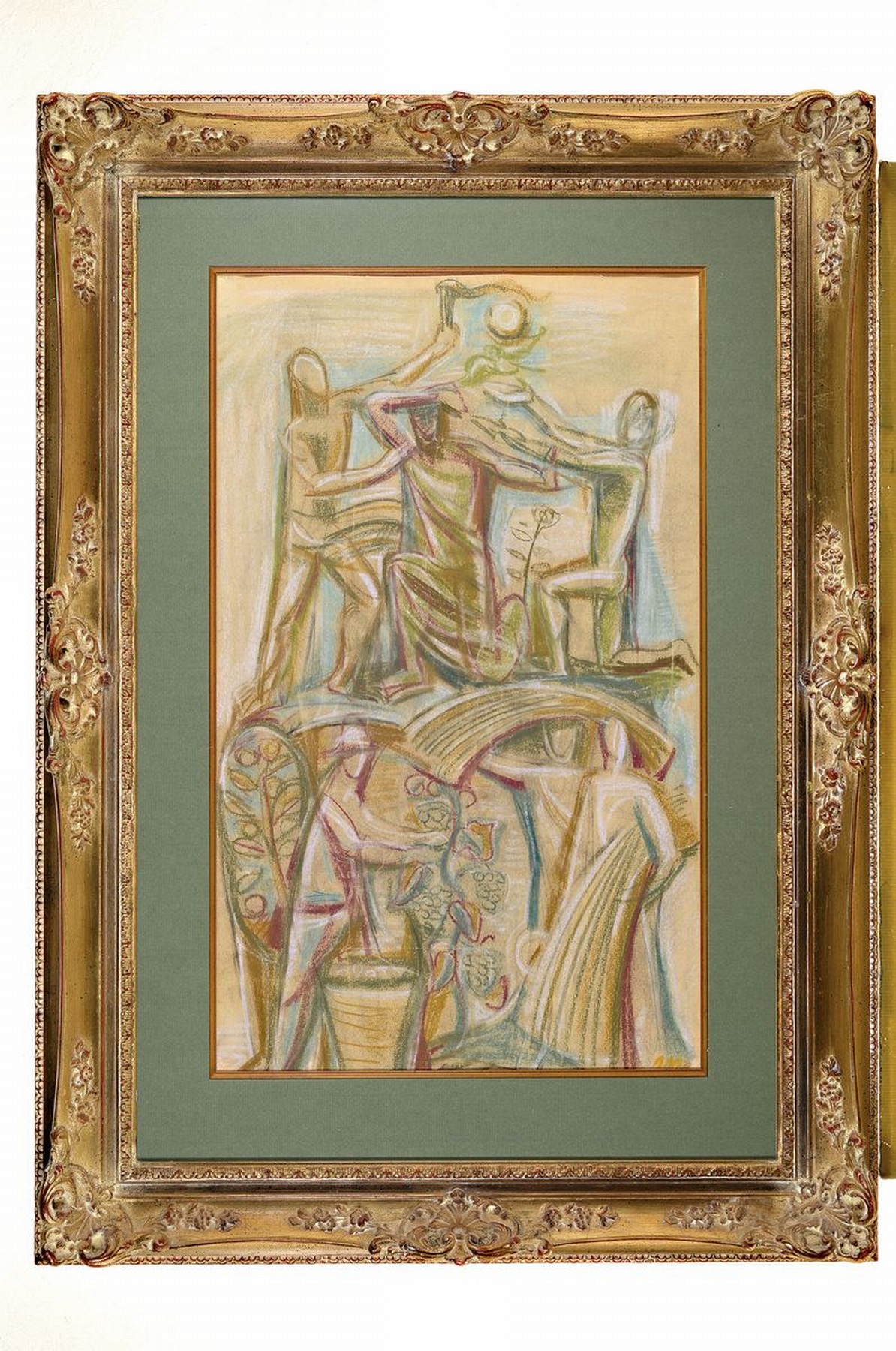 Detail k: Rolf Müller-Landau, 1903 Kia Ying Chow, China/1956 Bad Bergzabern, Pastell auf Papier, Ernteszene wohl 1948/49. figürliche Darstellungen mit ...