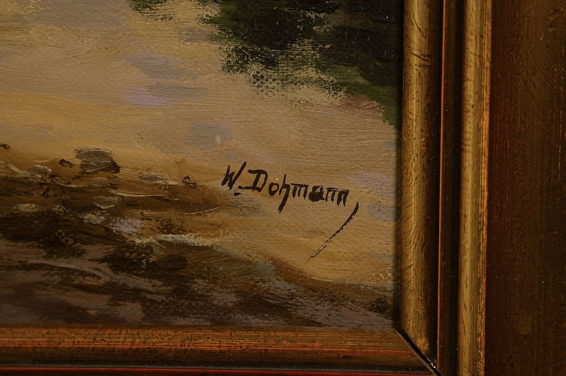 Detail a: Wilhelm Dohmann, 1884 Bühne-1945 Atzelgift/Westerwald, bekannter Landschaftsmaler der Düsseldorfer Schule, Fischerpaar am Strand unter bewegtem ...