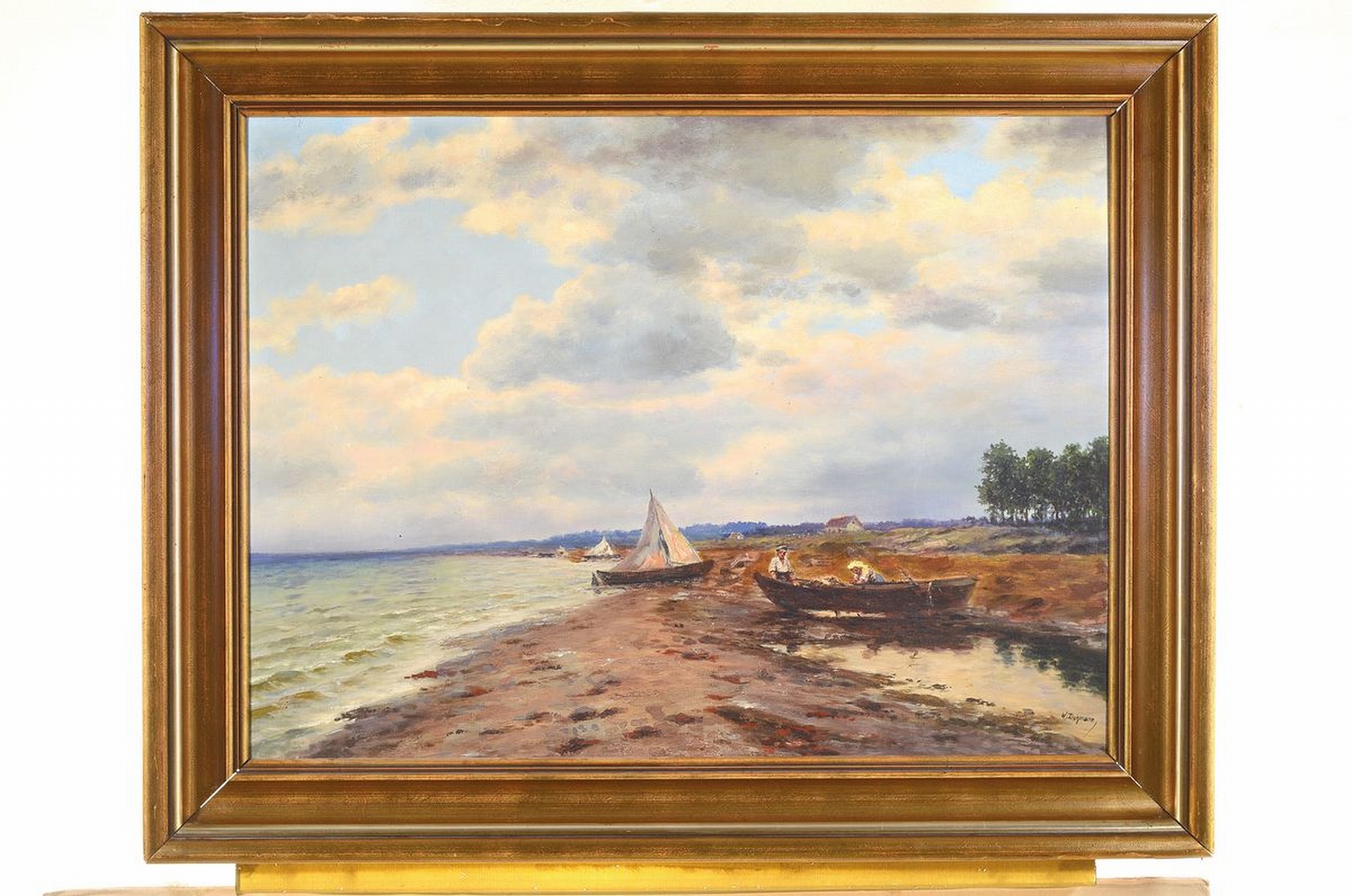 Detail k: Wilhelm Dohmann, 1884 Bühne-1945 Atzelgift/Westerwald, bekannter Landschaftsmaler der Düsseldorfer Schule, Fischerpaar am Strand unter bewegtem ...