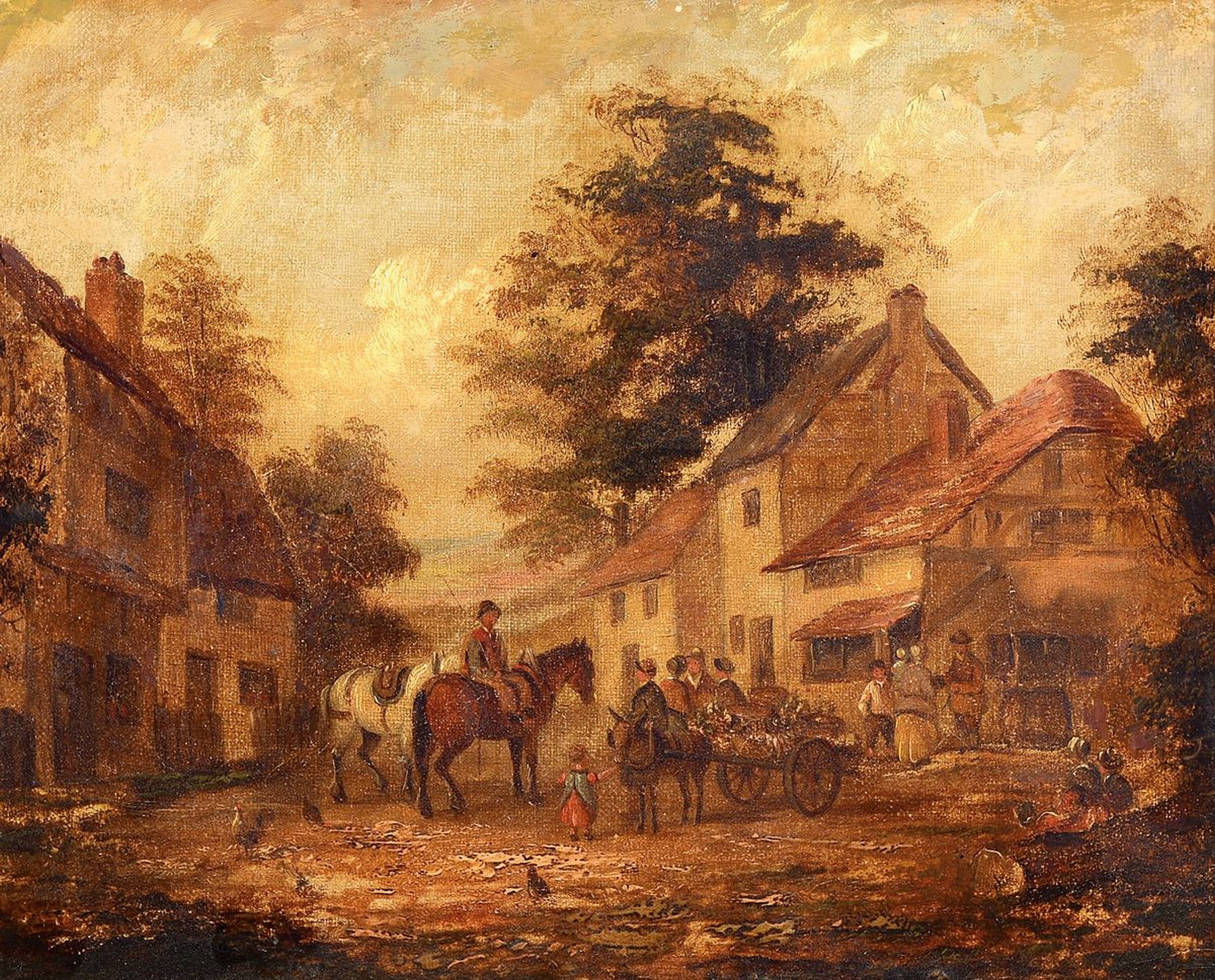 Unbekannter Künstler, Niederlande, 2. Hälfte 19. Jh., Reiter und Bauersleute vor einem ländlichen Gehöft, Öl/Holz, unsigniert, ca. 20x25cm, R. ...
