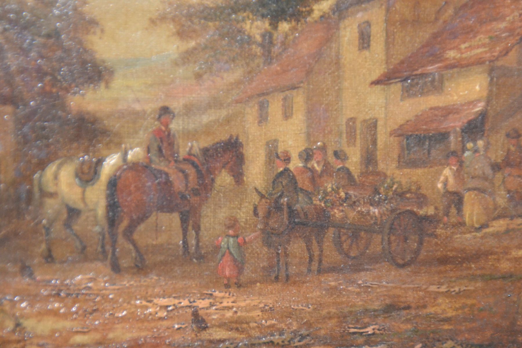 Detail b: Unbekannter Künstler, Niederlande, 2. Hälfte 19. Jh., Reiter und Bauersleute vor einem ländlichen Gehöft, Öl/Holz, unsigniert, ca. 20x25cm, R. ...