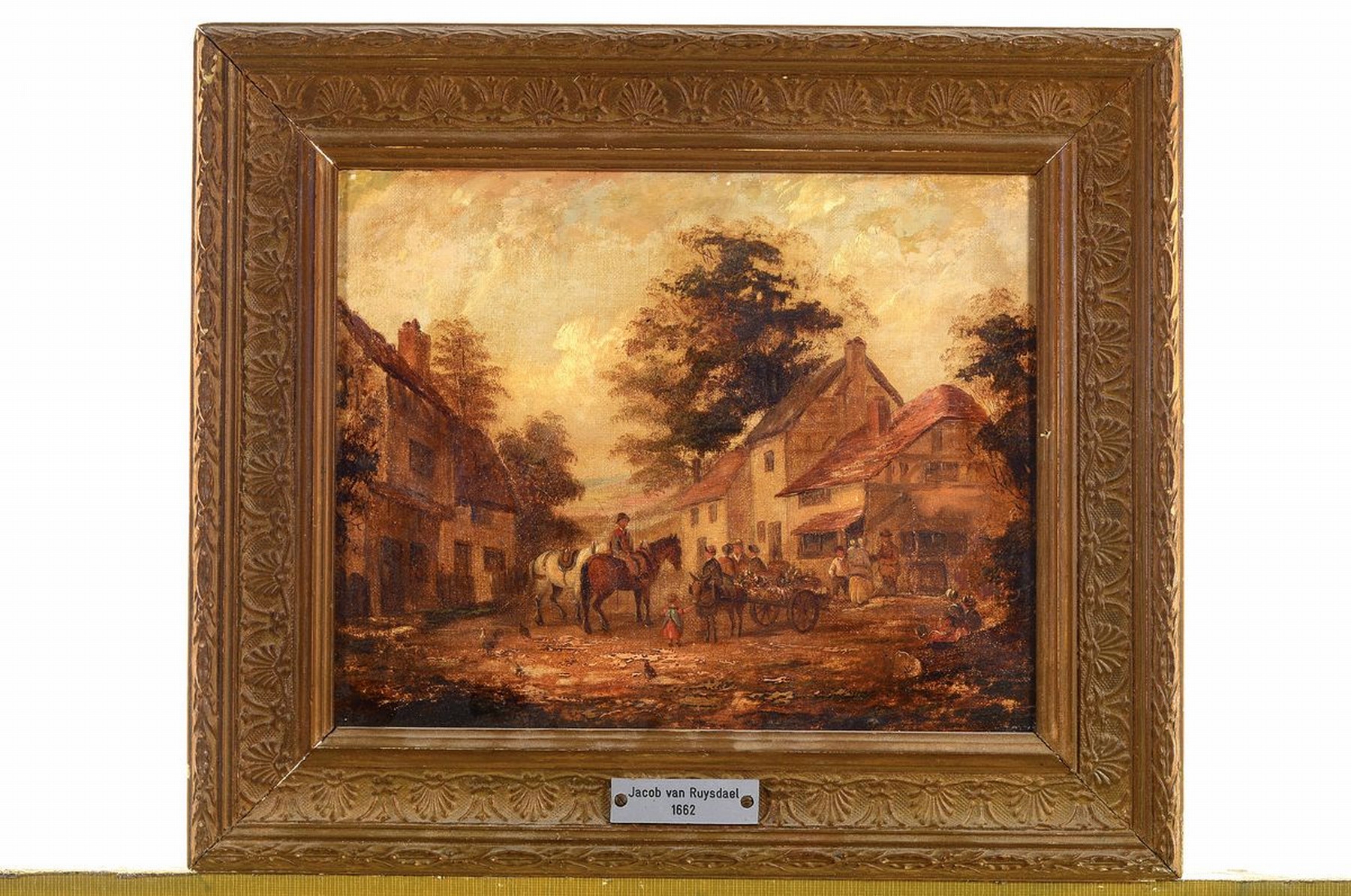 Detail k: Unbekannter Künstler, Niederlande, 2. Hälfte 19. Jh., Reiter und Bauersleute vor einem ländlichen Gehöft, Öl/Holz, unsigniert, ca. 20x25cm, R. ...