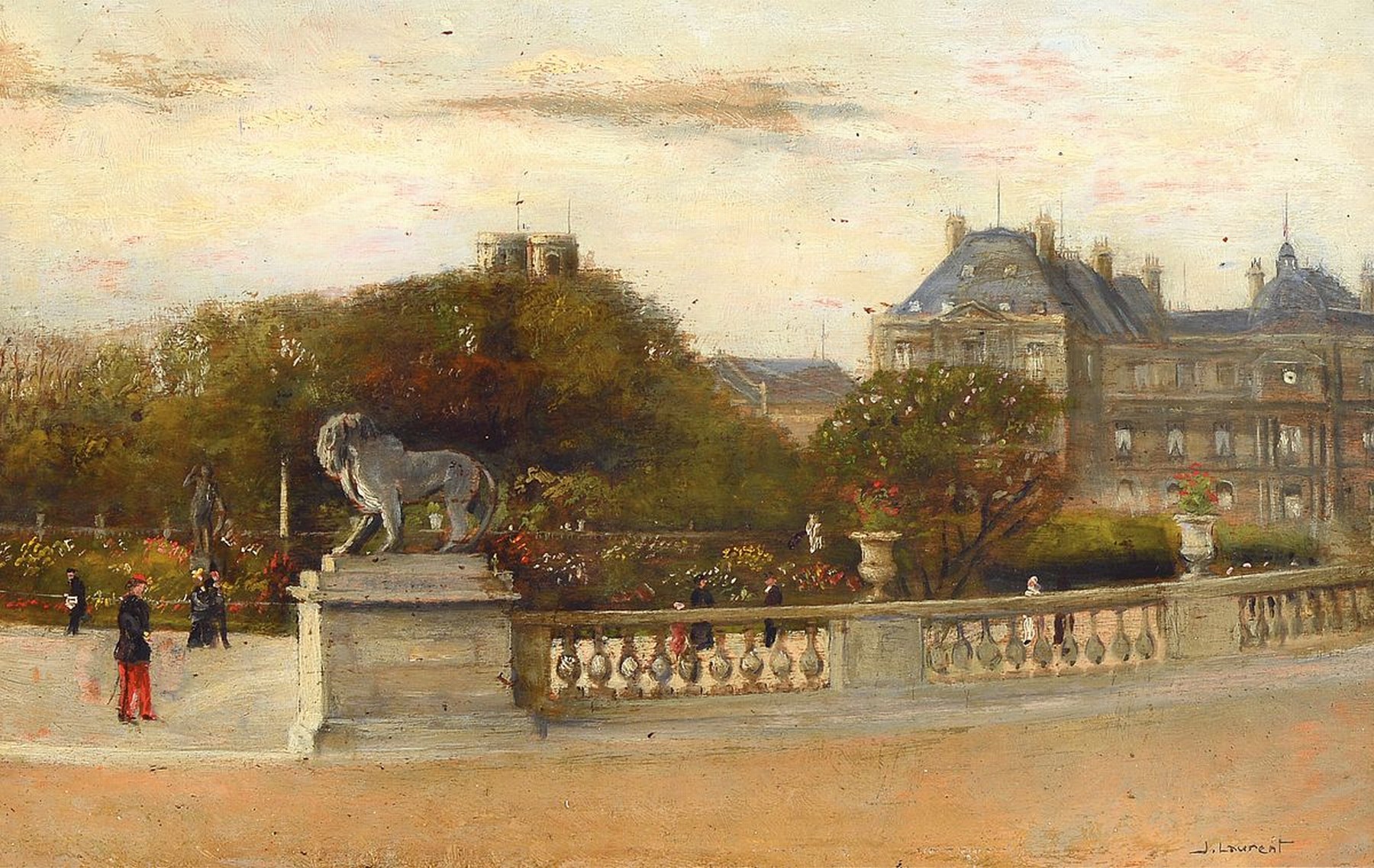 J. Laurent, frz. Maler des 19. Jh., Spaziergänger in einem Pariser Park, Öl/Holz, rechts unten signiert, ca. 21.5x32.5cm, R.ca. 35x47cm