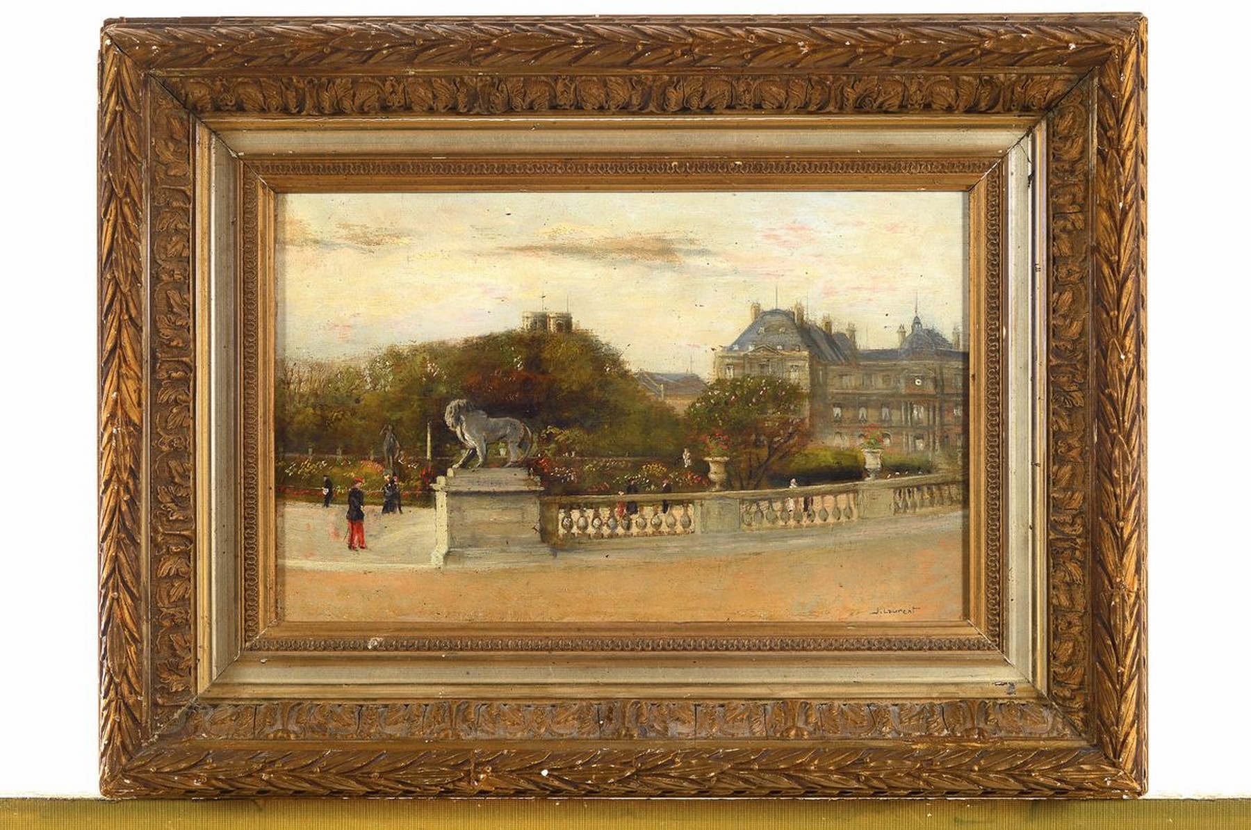 Detail k: J. Laurent, frz. Maler des 19. Jh., Spaziergänger in einem Pariser Park, Öl/Holz, rechts unten signiert, ca. 21.5x32.5cm, R.ca. 35x47cm