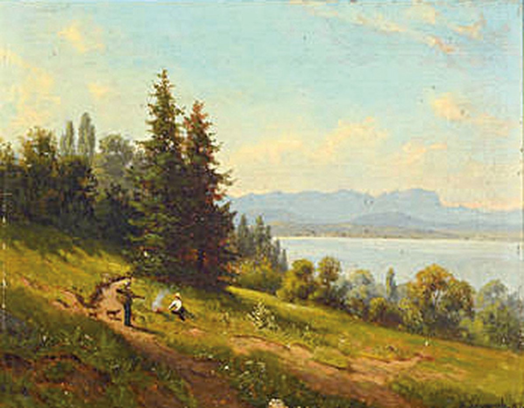 Maximilian Schwab, Maler der Münchener Schule, um 1880-85, Landschaft am Ammersee bei Andechs, Öl/Holz, rechts unten signiert und dat. (18)82, ca. ...