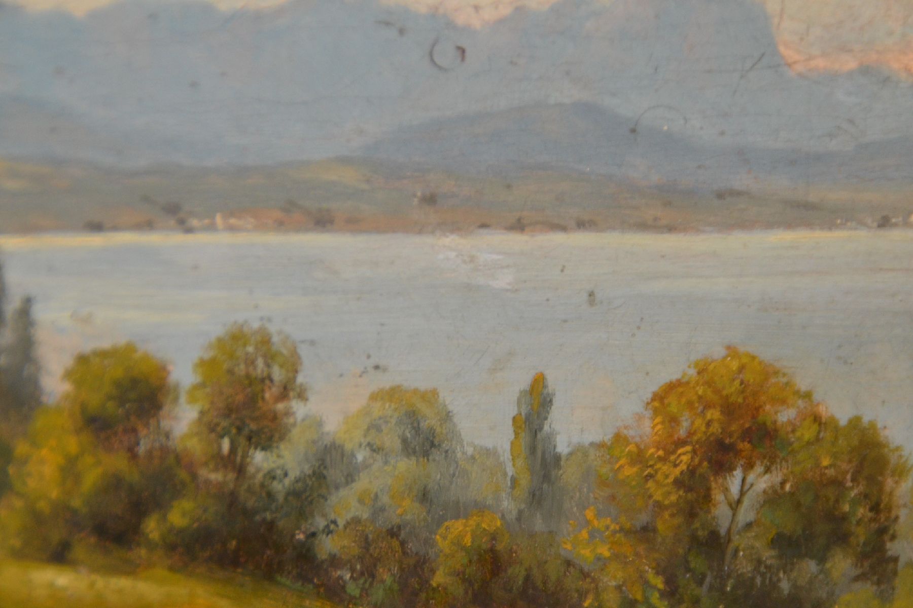 Detail c: Maximilian Schwab, Maler der Münchener Schule, um 1880-85, Landschaft am Ammersee bei Andechs, Öl/Holz, rechts unten signiert und dat. (18)82, ca. ...