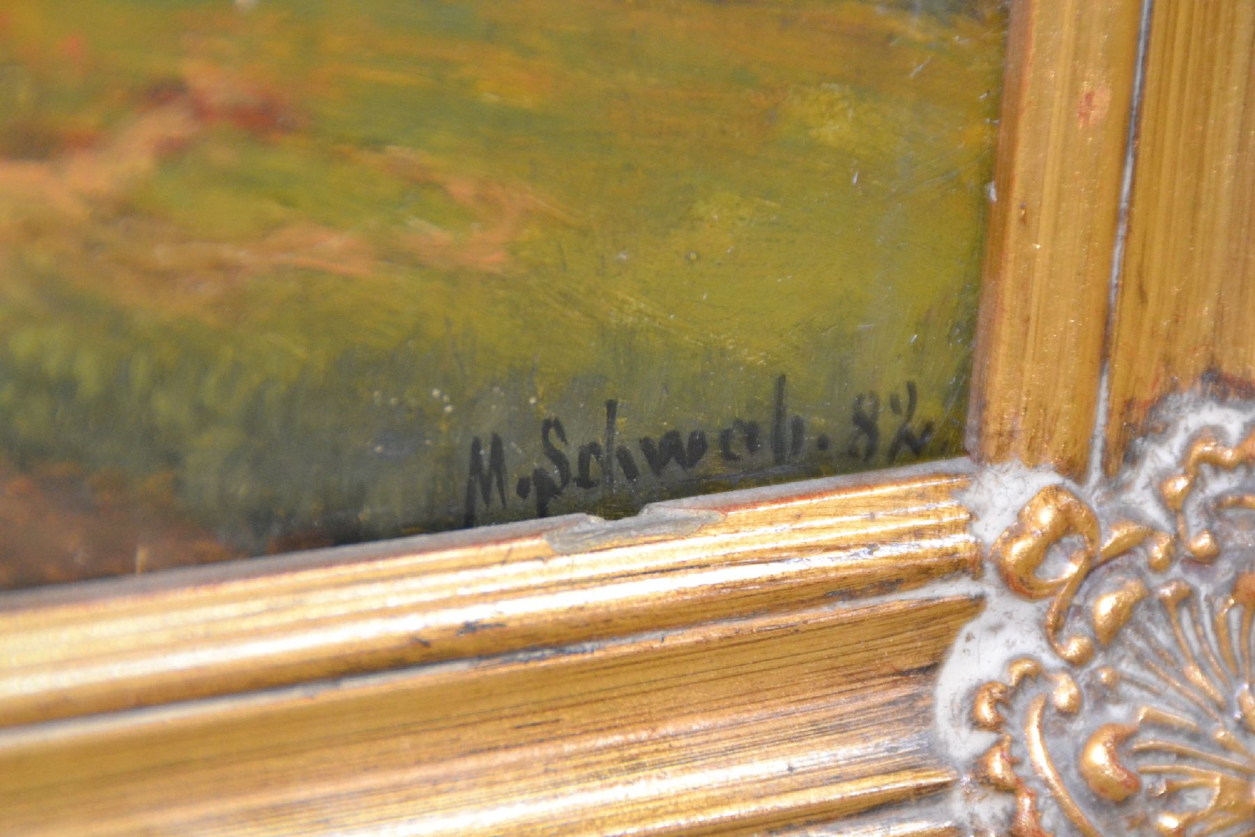 Detail d: Maximilian Schwab, Maler der Münchener Schule, um 1880-85, Landschaft am Ammersee bei Andechs, Öl/Holz, rechts unten signiert und dat. (18)82, ca. ...