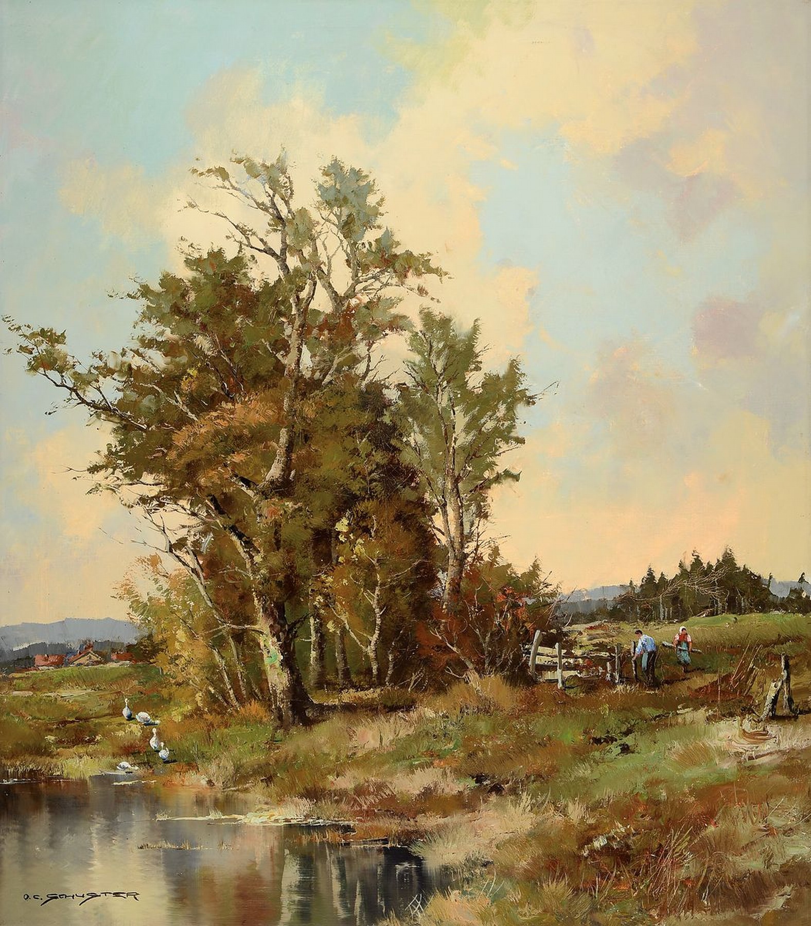 Otto C. Schuster, geb. 1924, Teichlandschaft mit Enten und Bauernpaar, Öl/Lwd, li. unten signiert, ca. 80 x 70 cm, l. Altersspuren