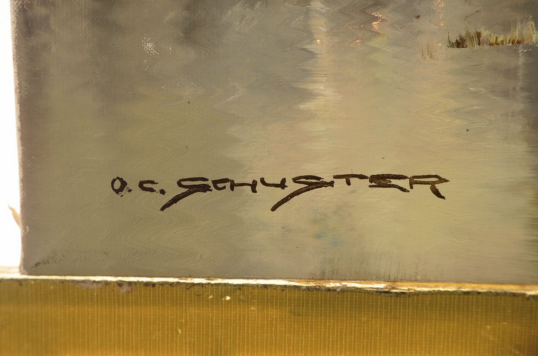 Detail a: Otto C. Schuster, geb. 1924, Teichlandschaft mit Enten und Bauernpaar, Öl/Lwd, li. unten signiert, ca. 80 x 70 cm, l. Altersspuren