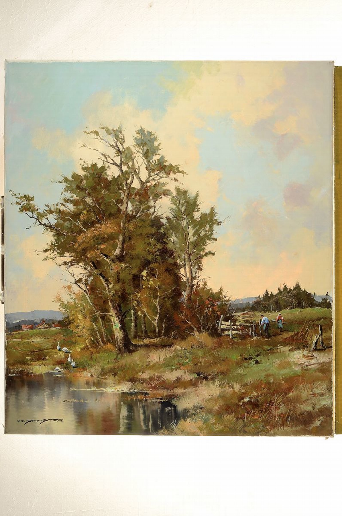 Detail k: Otto C. Schuster, geb. 1924, Teichlandschaft mit Enten und Bauernpaar, Öl/Lwd, li. unten signiert, ca. 80 x 70 cm, l. Altersspuren