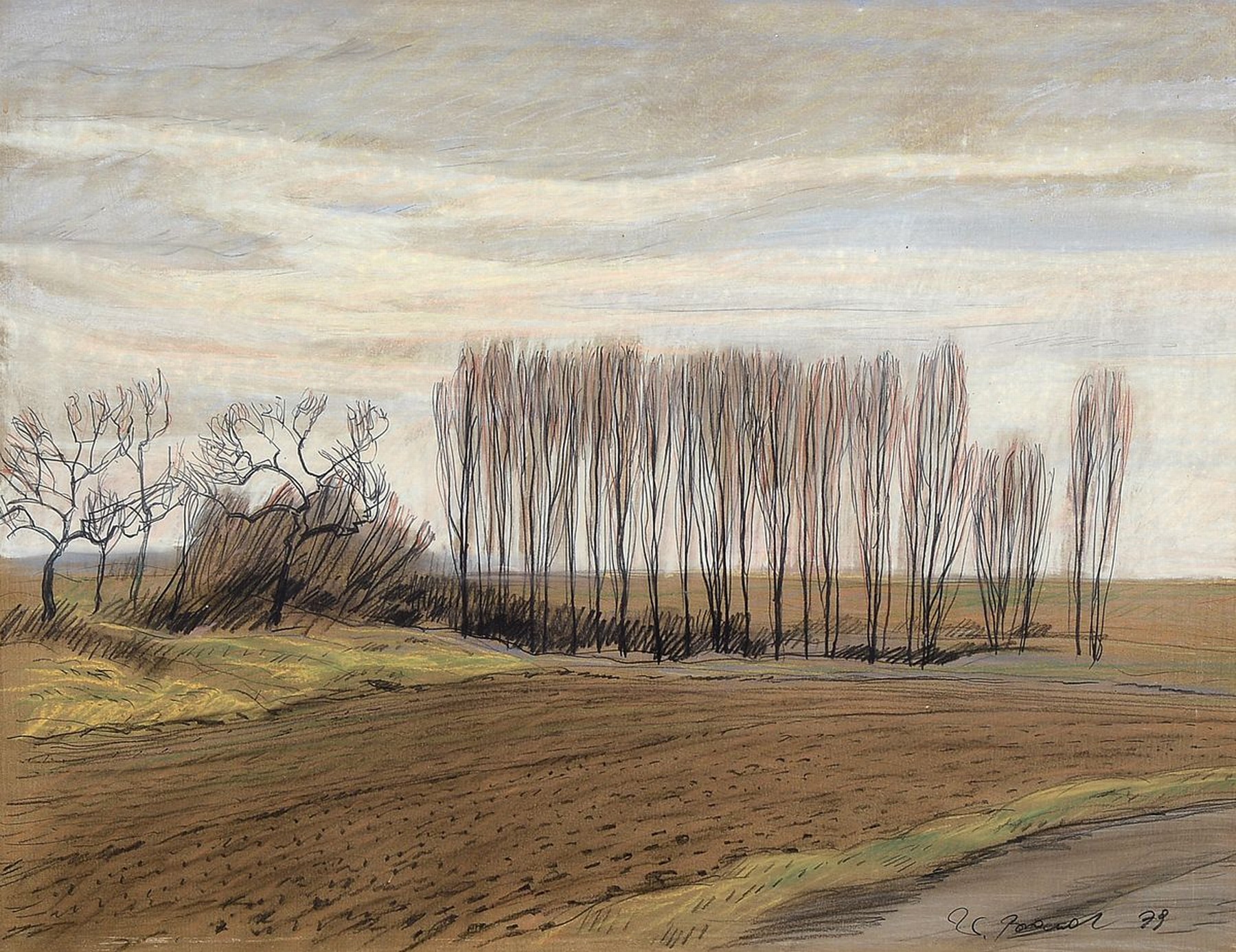 Werner Brand, 1933-2021, Herbstliche Landschaft, Bleistift und Pastell, rechts unten signiert und dat. 79, PP ca. 44x56 cm, unter Glas Rahmen ca. ...