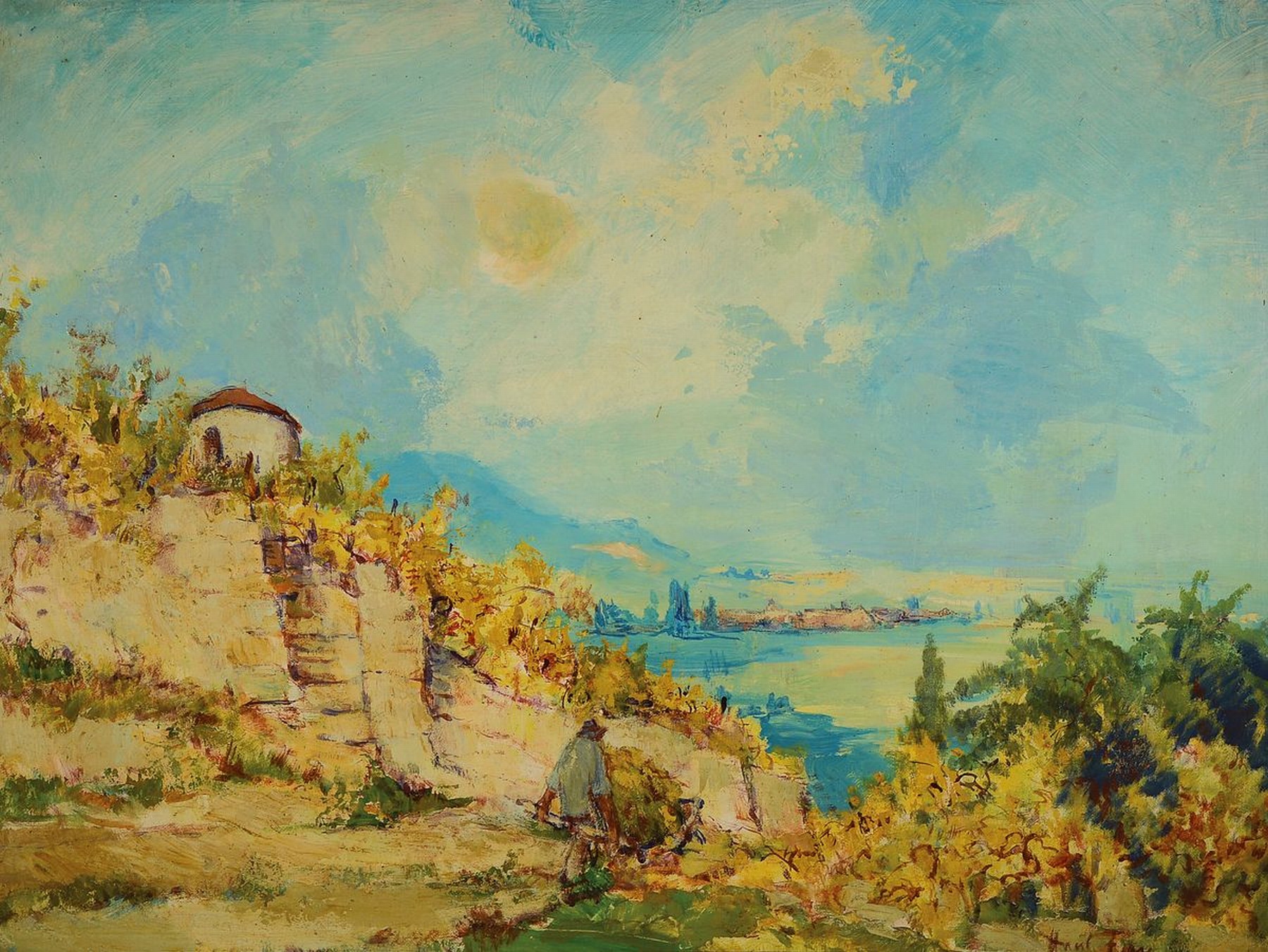 Hanns Fay, 1888 Frankenthal-1957 Neustadt/Wstr., Blick von der Haardt in die Rheinebene, im Vordergrund ein Winzer mit Schubkarre, Öl/Hartfaser, ...