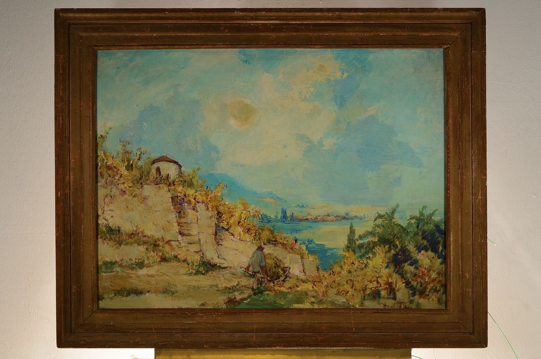 Detail k: Hanns Fay, 1888 Frankenthal-1957 Neustadt/Wstr., Blick von der Haardt in die Rheinebene, im Vordergrund ein Winzer mit Schubkarre, Öl/Hartfaser, ...