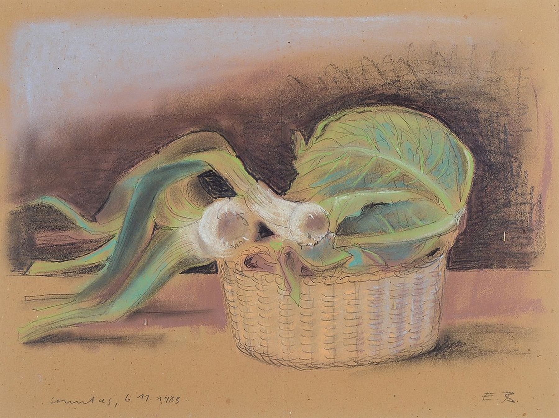 Edgar Blum, geb. 1928 Pirmasens, 2 Stillleben, 1x Kohl und Lauch im Korb, Pastell auf Papier, monogr. E.B. und dat. Sonntag 6.11.1983, ca. 37x50cm, ...