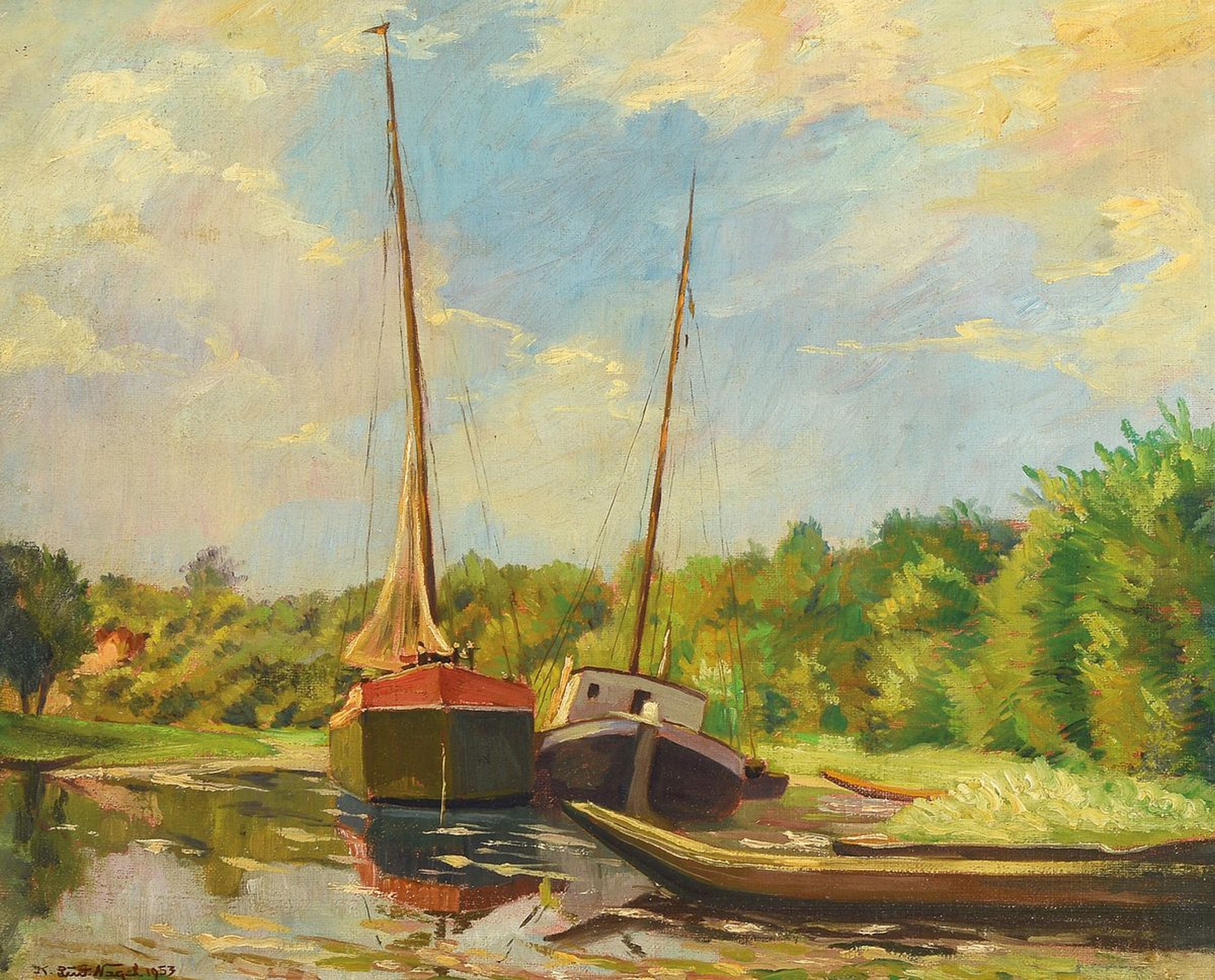Karl Ludwig Nagel, 1898 Mannheim-1959 Bonn, Boote im Kanal, Öl/Malkarton, links unten signiert, ca. 40x51cm, R. ca. 53x63cm